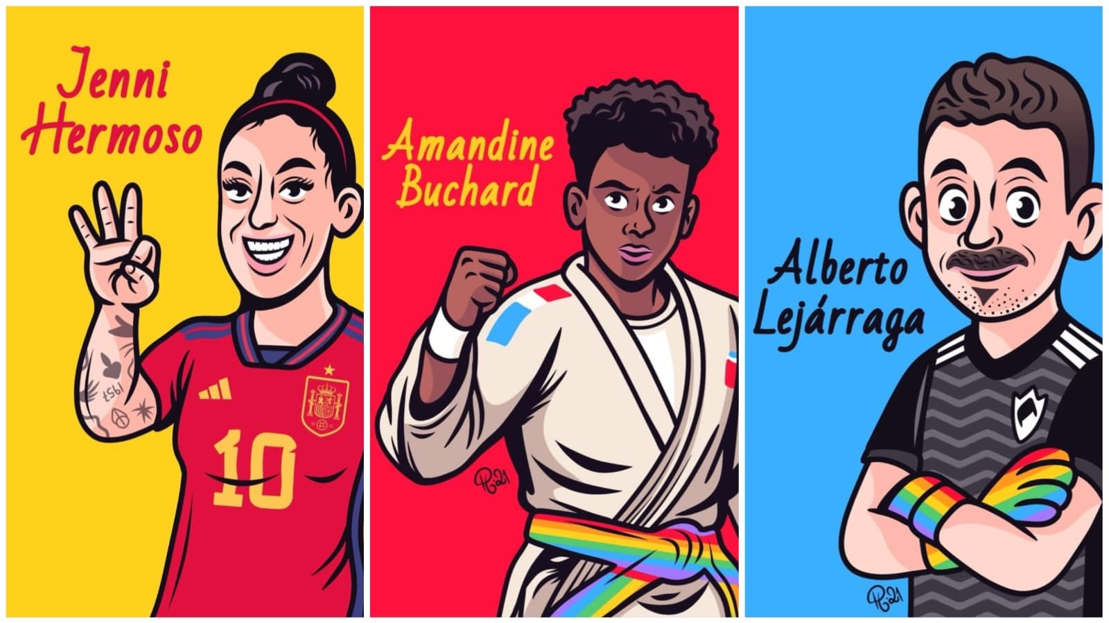 Láminas de Roberto Puerta Montes para la exposición '¿Quién soy? Deportistas LGTBIQ+'.