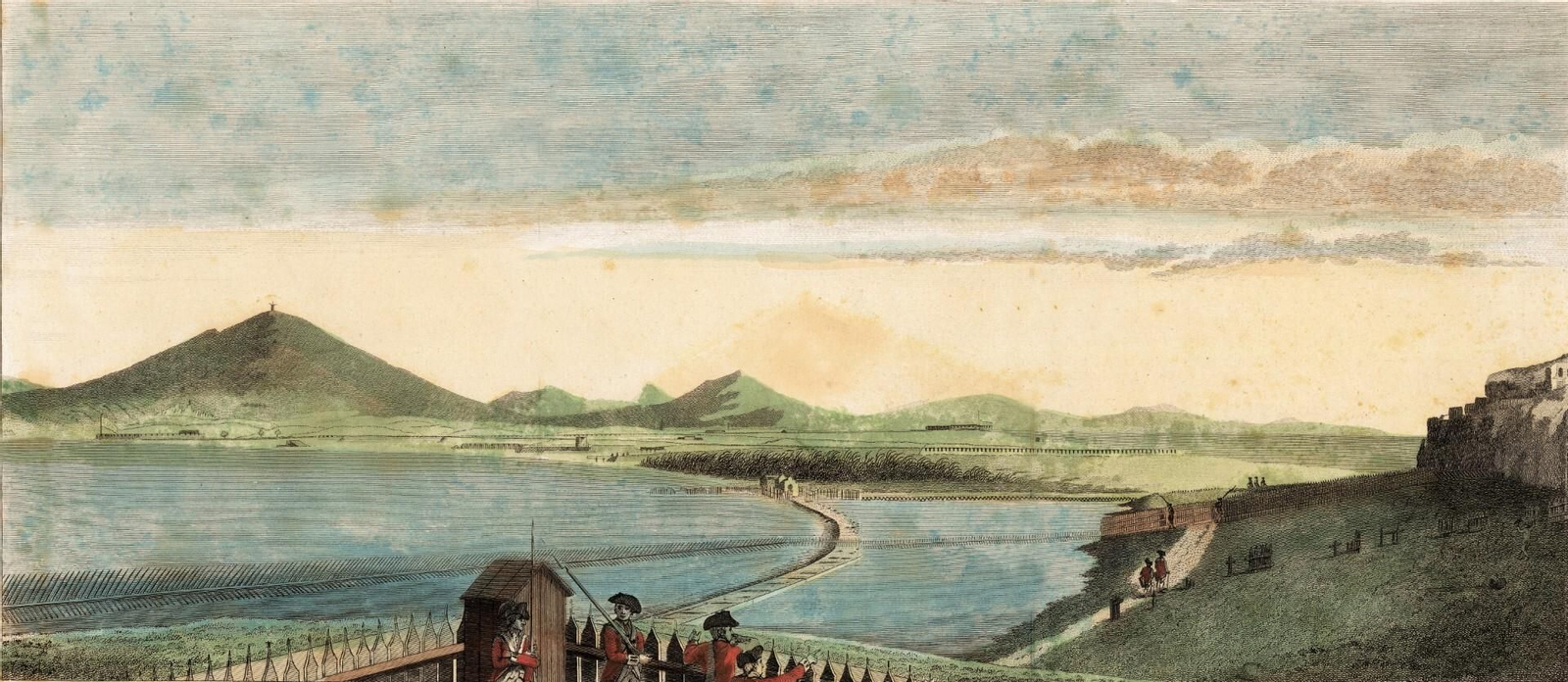 Vista de parte de la bahía en un grabado hecho desde Gibraltar por Robert Scult en el año 1785.