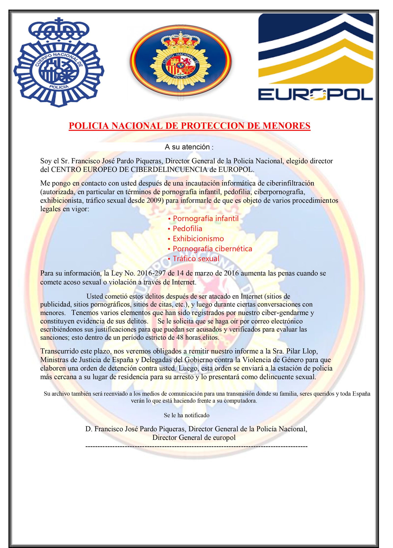 El archivo adjunto en el supuesto correo de la Policía Nacional.