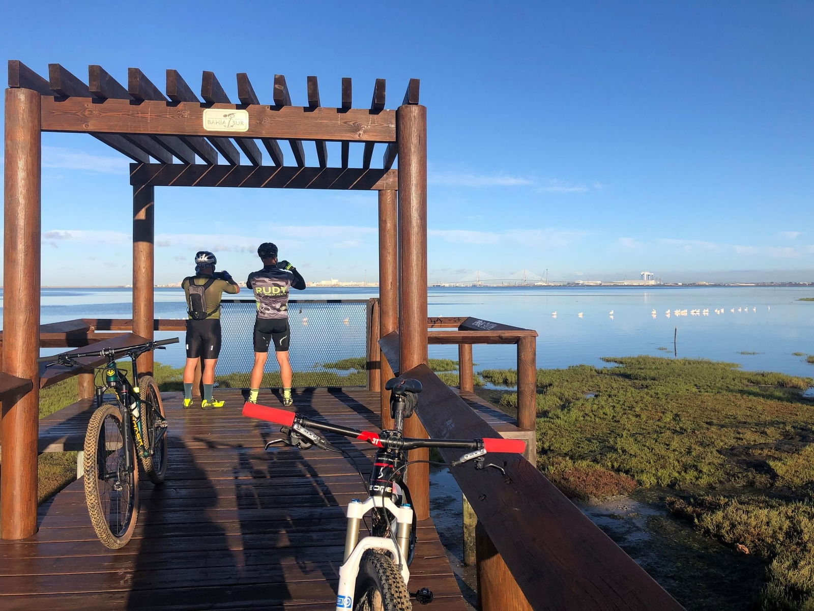 Dos ciclistas contemplan el Parque Natural de la Bahía de Cádiz