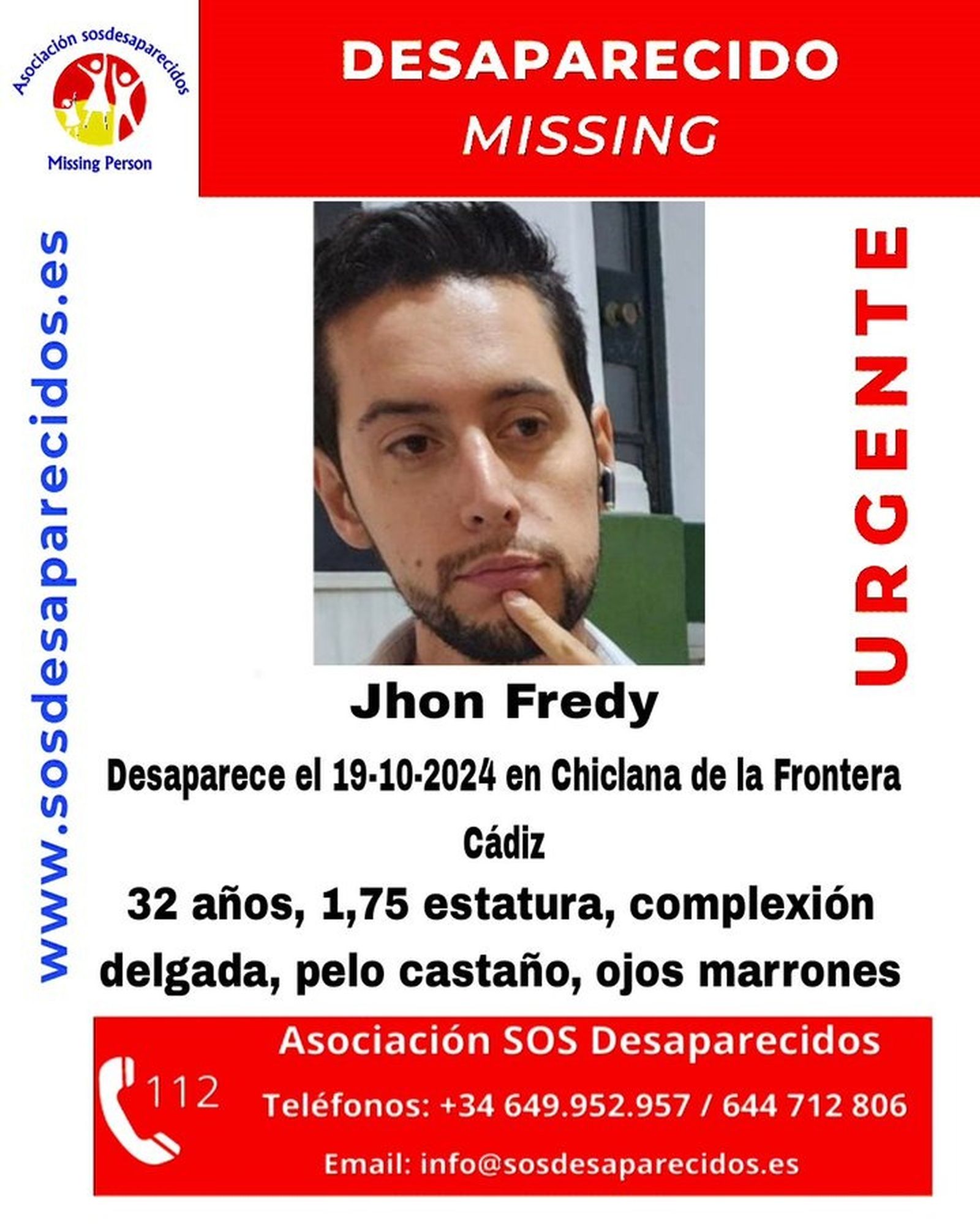 SOS Desaparecidos lanza una alerta por una desaparición en Chiclana.