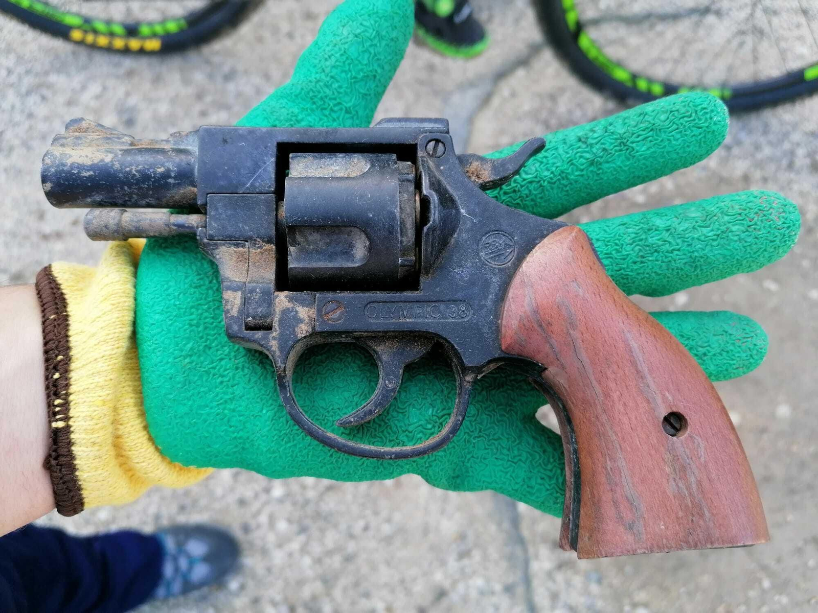 El revólver hallado este viernes en el pinar de Sevilla Este.