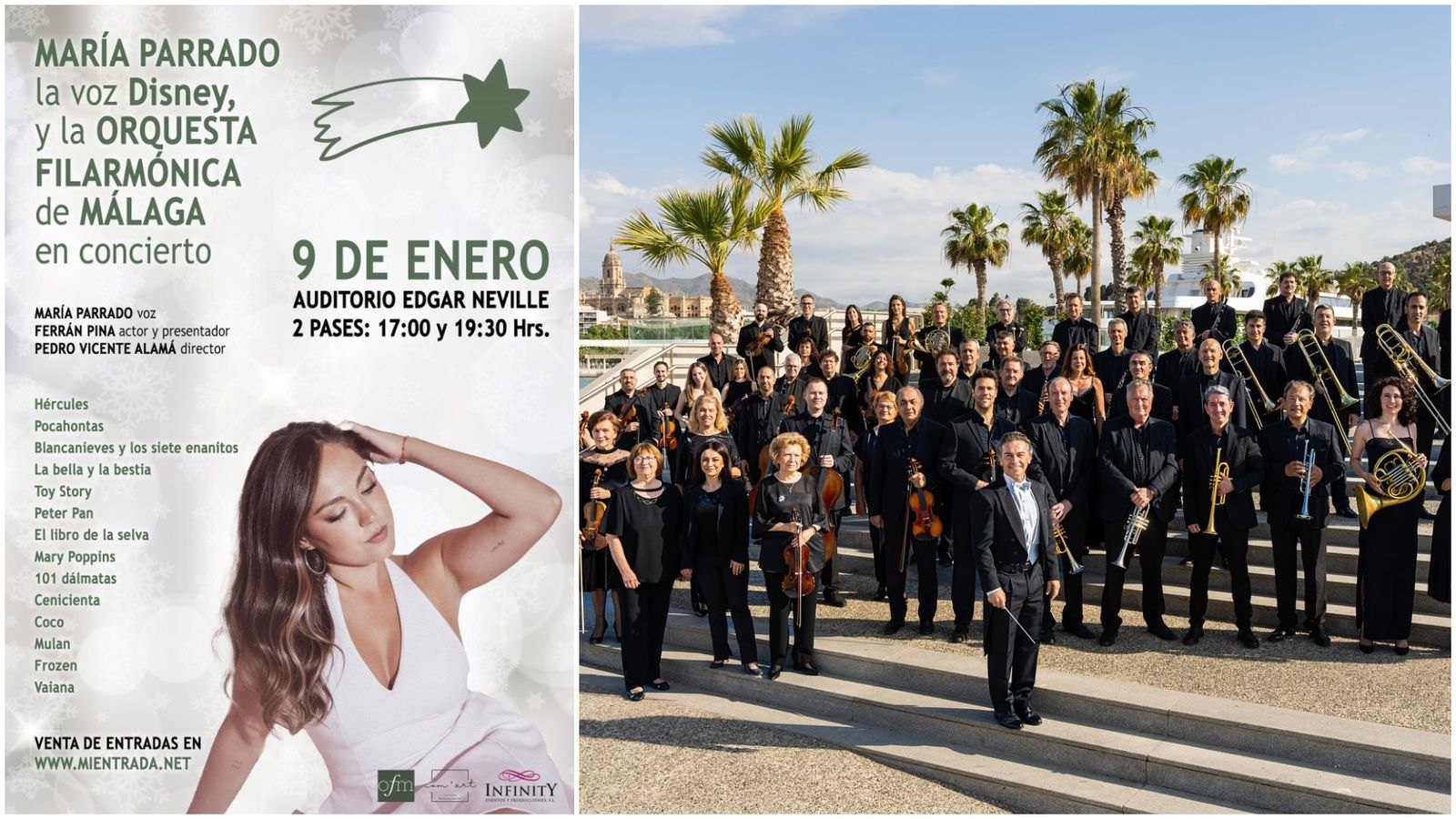 La Orquesta Filarmónica de Málaga y el cartel del concierto extraordinario.