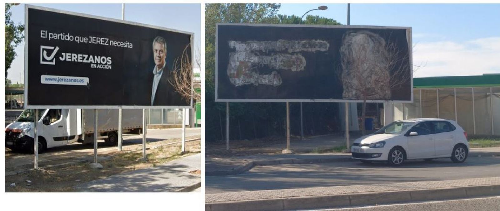 Valla de Jerezanos en Acción, antes y después del acto vandálico.
