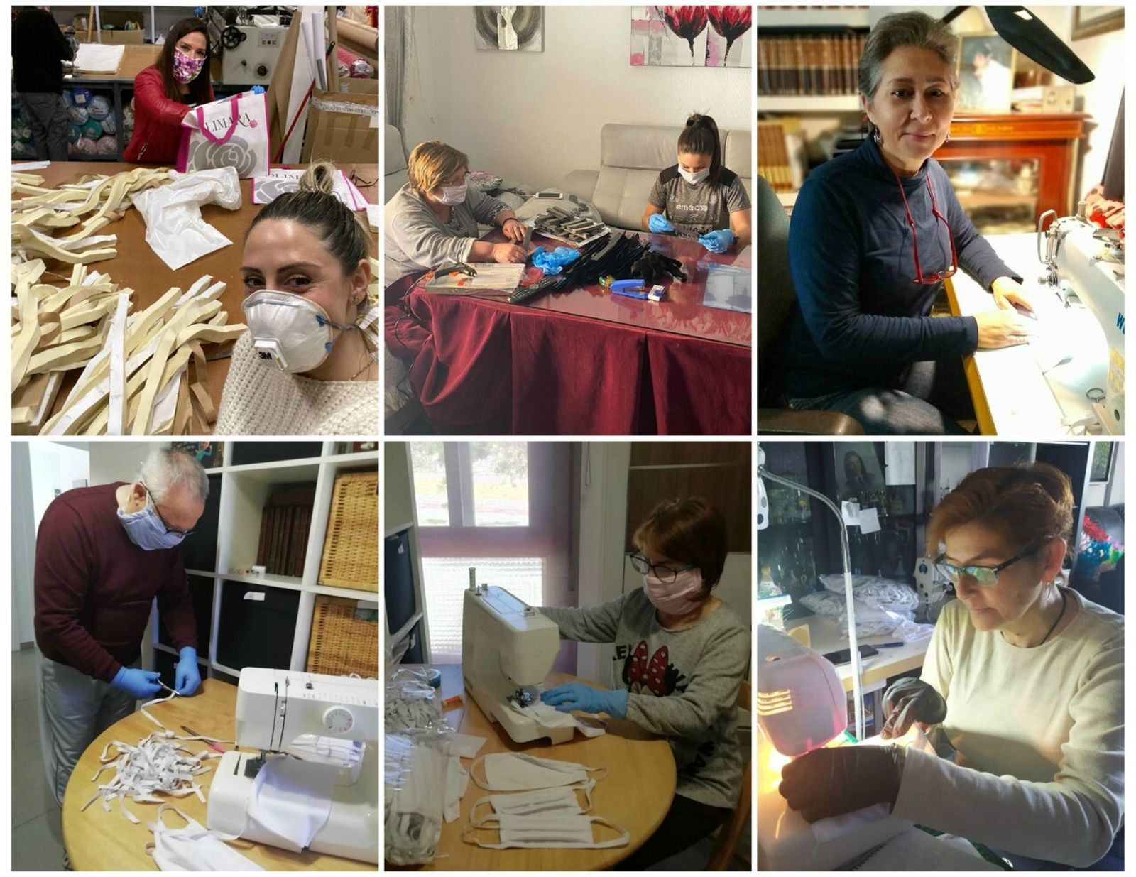 Los voluntarios fabricando mascarillas.