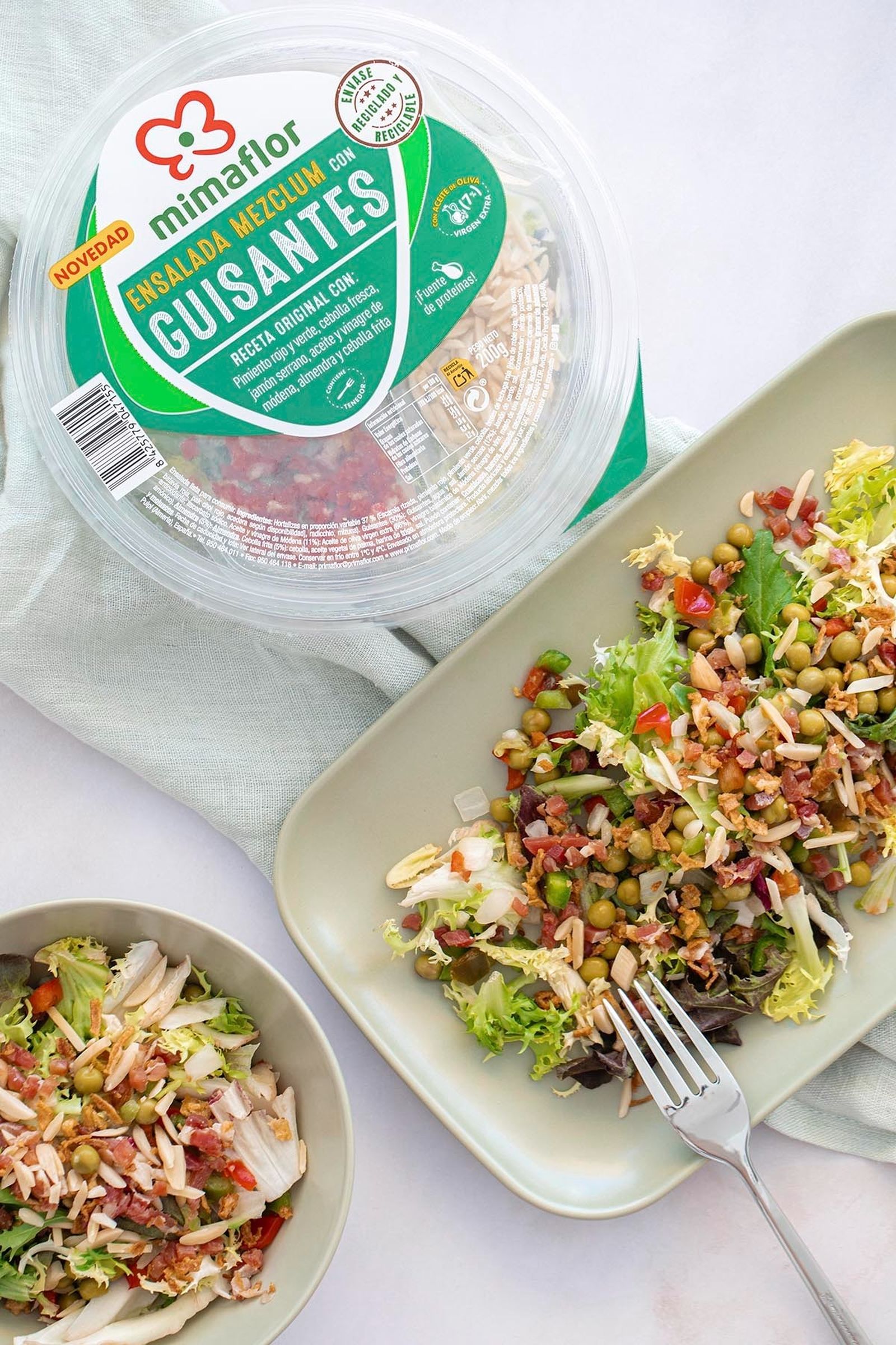 Con envase rPET (reciclado y reciclable), la ensalada mézclum con guisantes está elaborada con ingredientes frescos