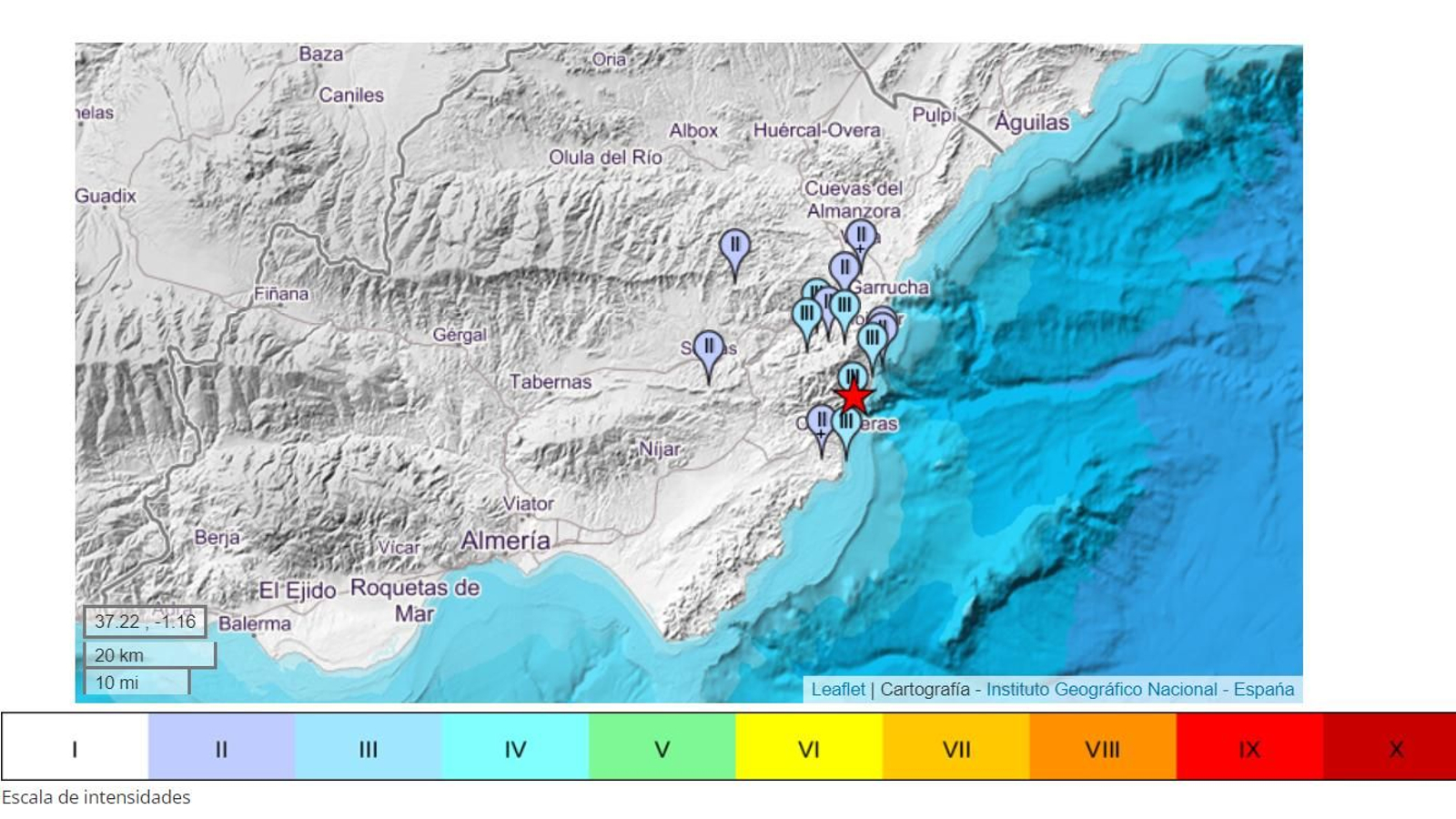 Epicentro e intensidades del terremoto de Carboneras.