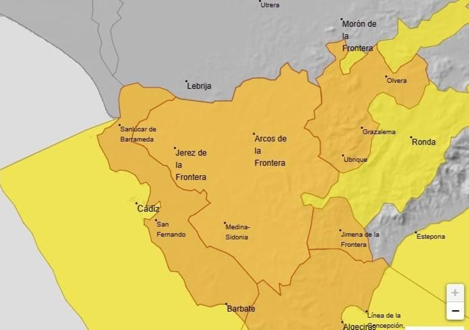 Mapa con los avisos activados por la Aemet en las provincias de Huelva, Sevilla, Cádiz y Málaga