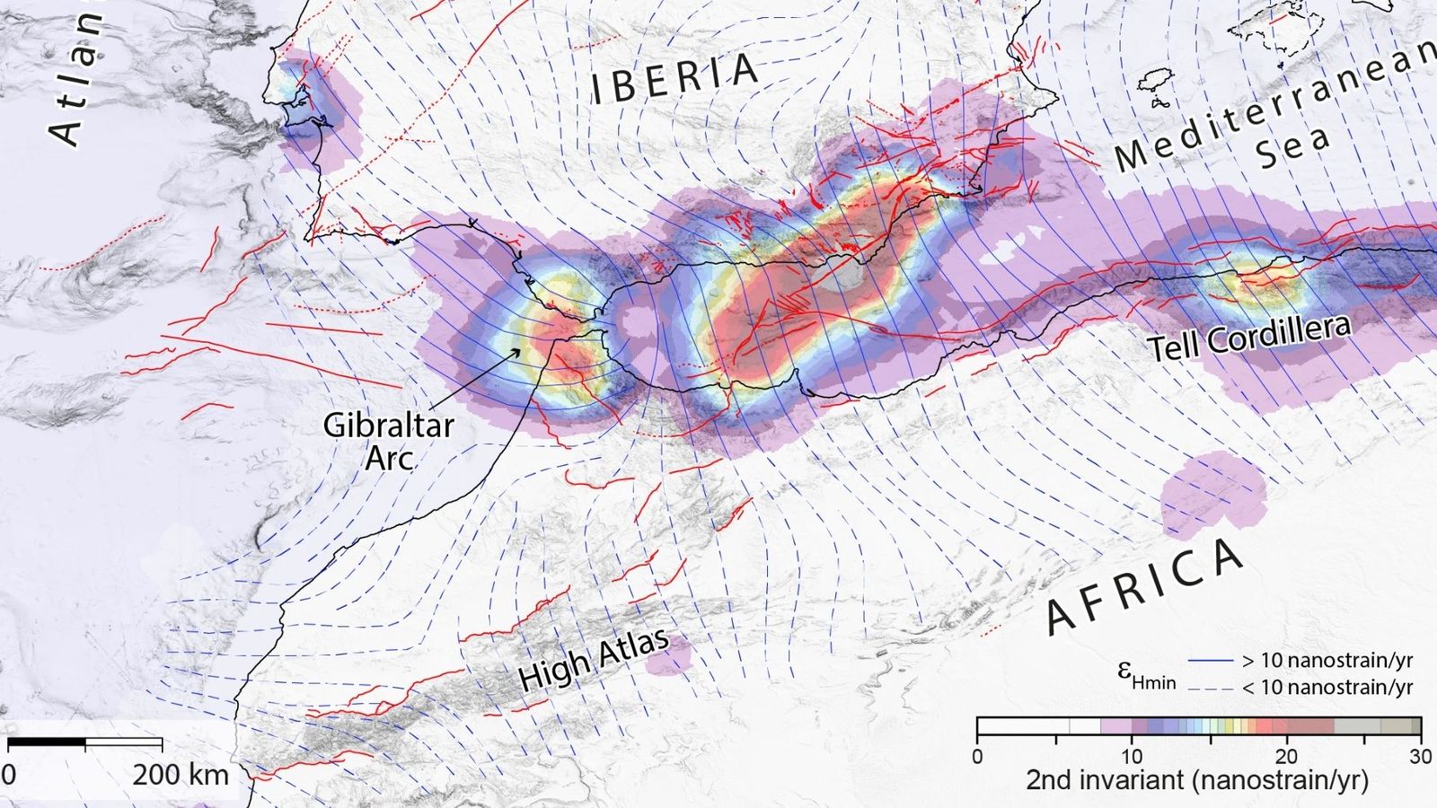 Mapa que muestra la localización de la frontera entre Eusaria y África, así como su relación con la deformación completa.