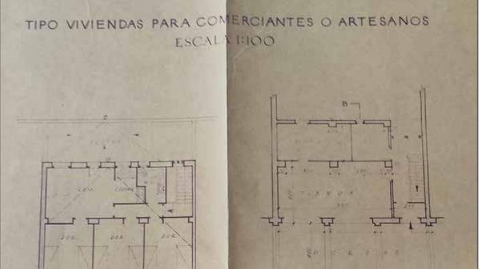 . Plantas de las viviendas para comerciantes o artesanos de Tahivilla, con la disposición del programa doméstico en su planta superior y los espacios comerciales en la baja, tras soportales. Fernando de la Cuadra, 1946. APFCI.