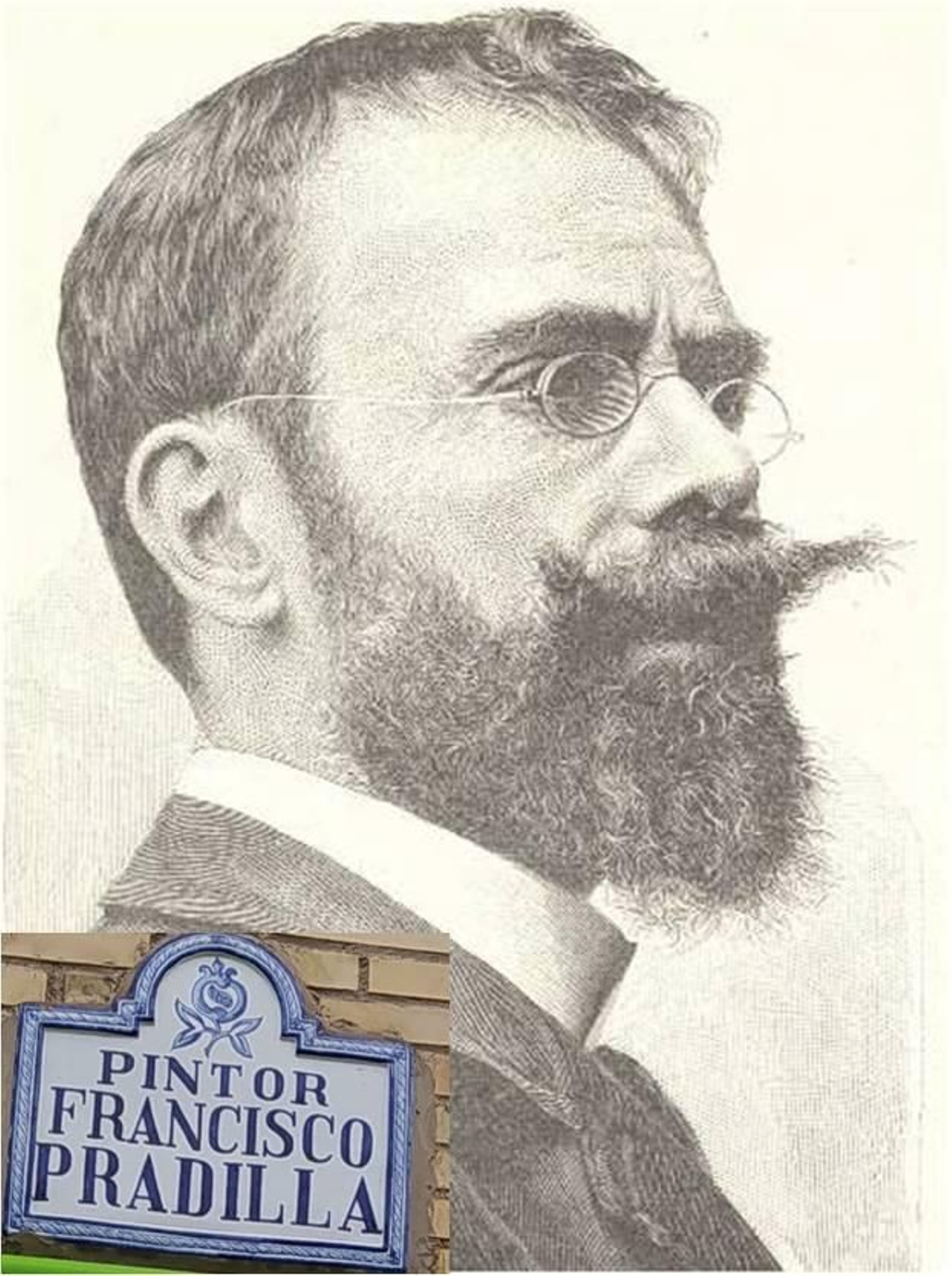 Retrato de Pradilla con el rótulo de su calle en Granada. jpg
