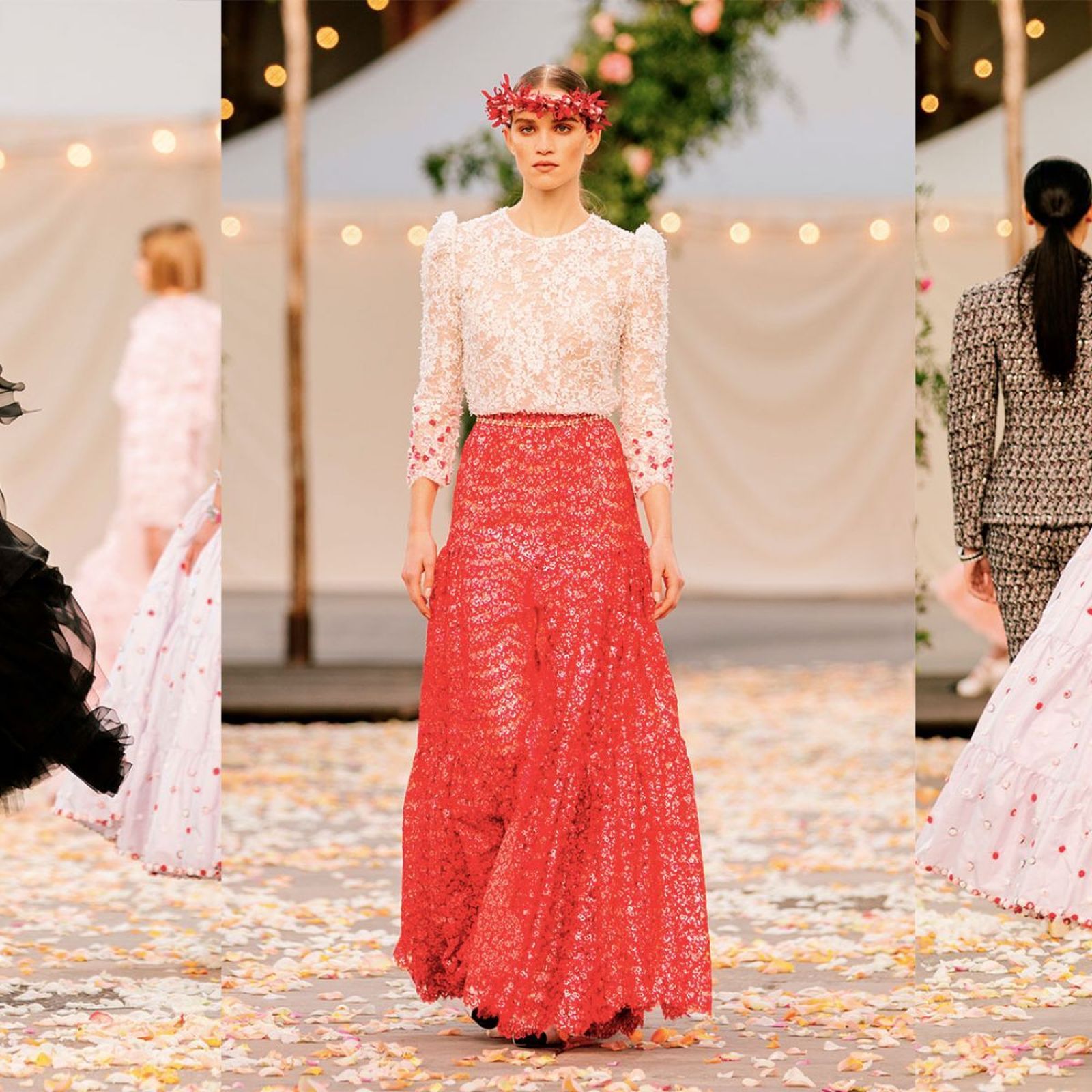 Diadema de flores y falda de encaje de color coral.