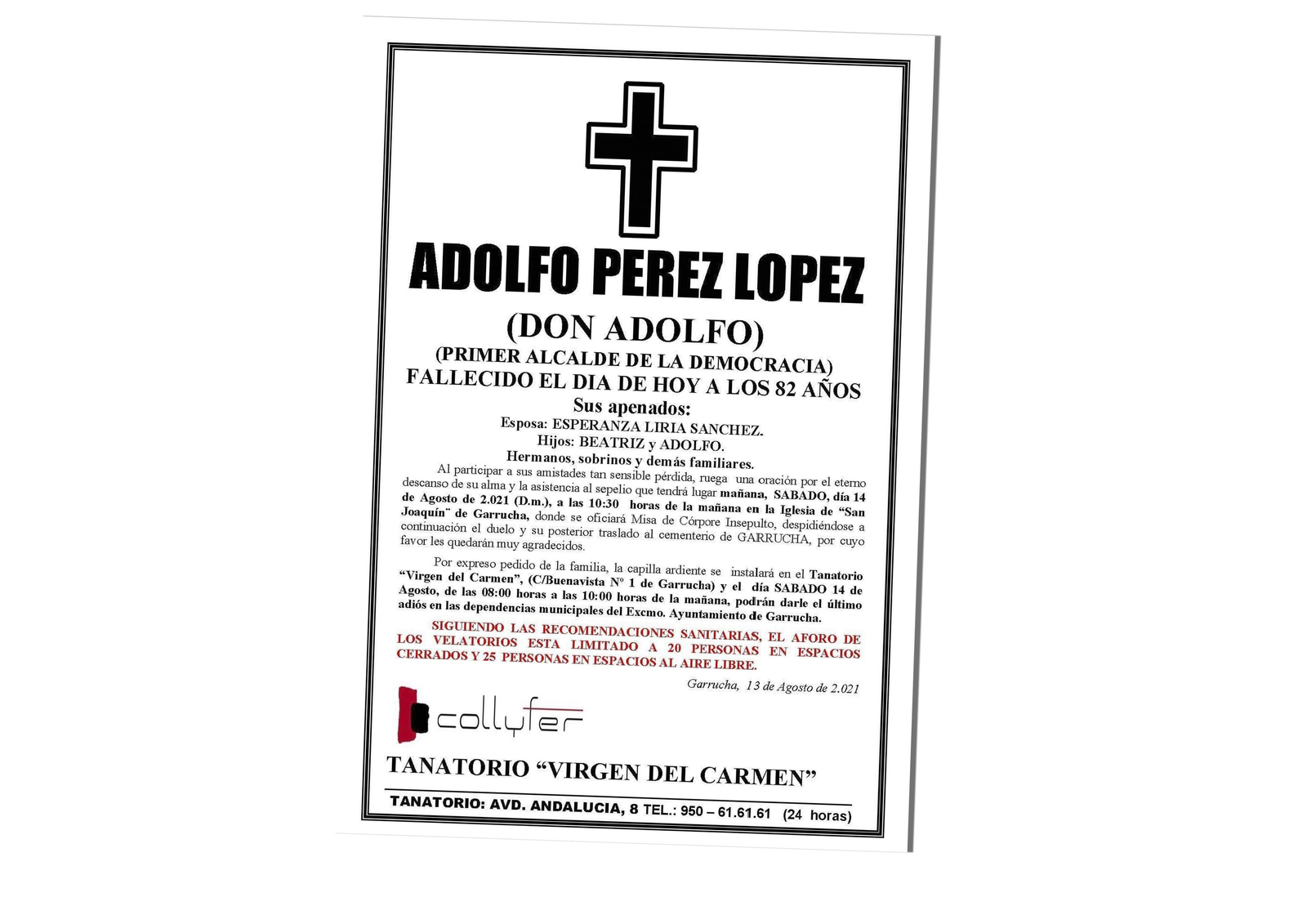 El último adiós de Garrucha a Adolfo Pérez, este sábado en el ayuntamiento