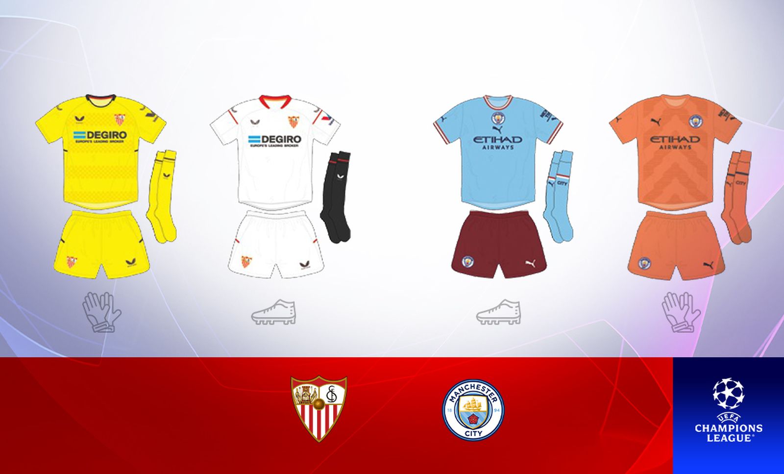 Equipaciones oficiales de Sevilla y Manchester City para su partido de Champions.