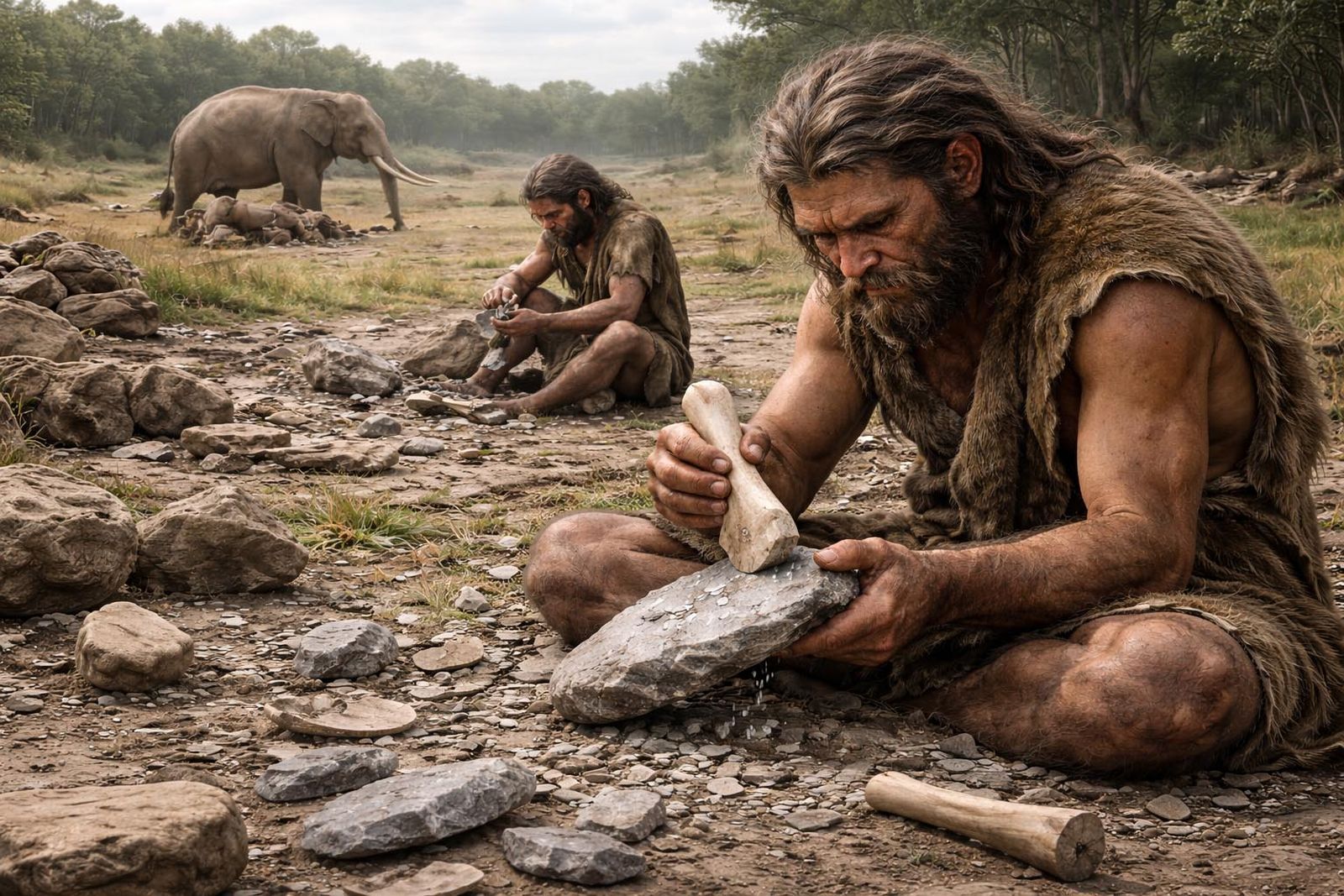Recreación de homínidos en el pleistoceno