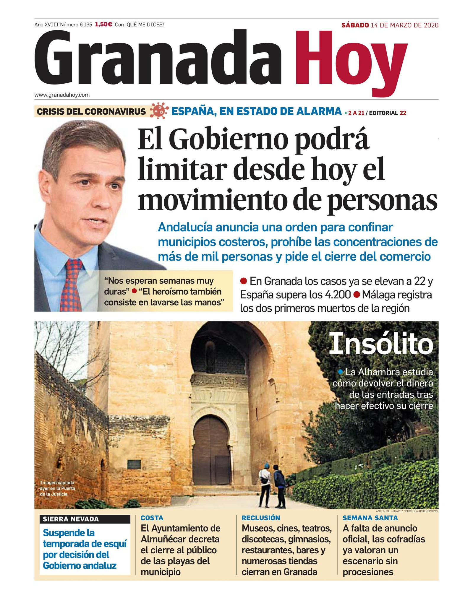Portada del diario Granada Hoy del sábado 14  de marzo de 2020