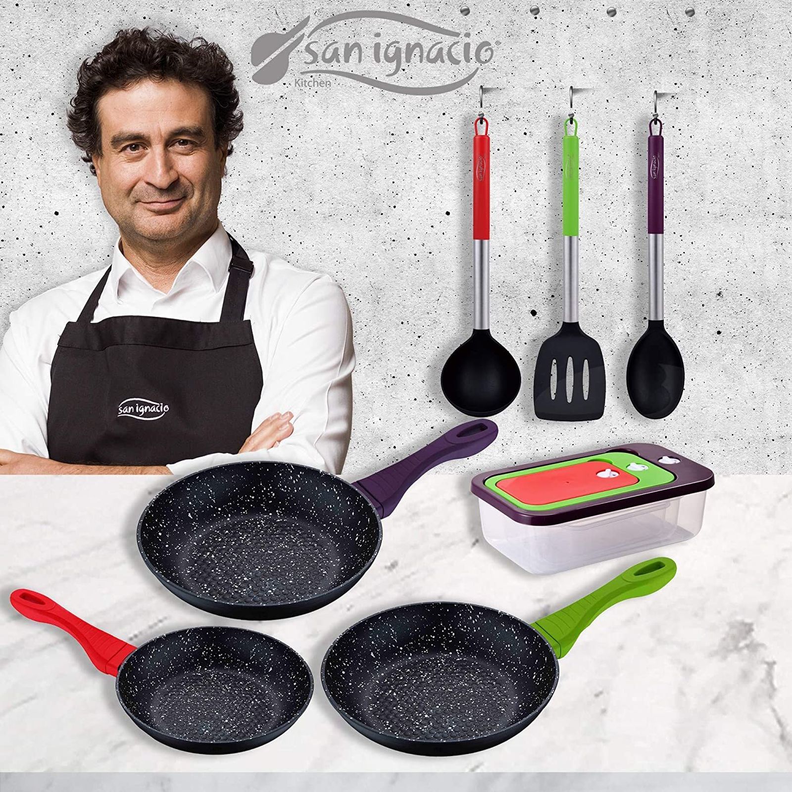 Set de 3 Sartenes 3 Herméticos + Set Utensilios de Cocina