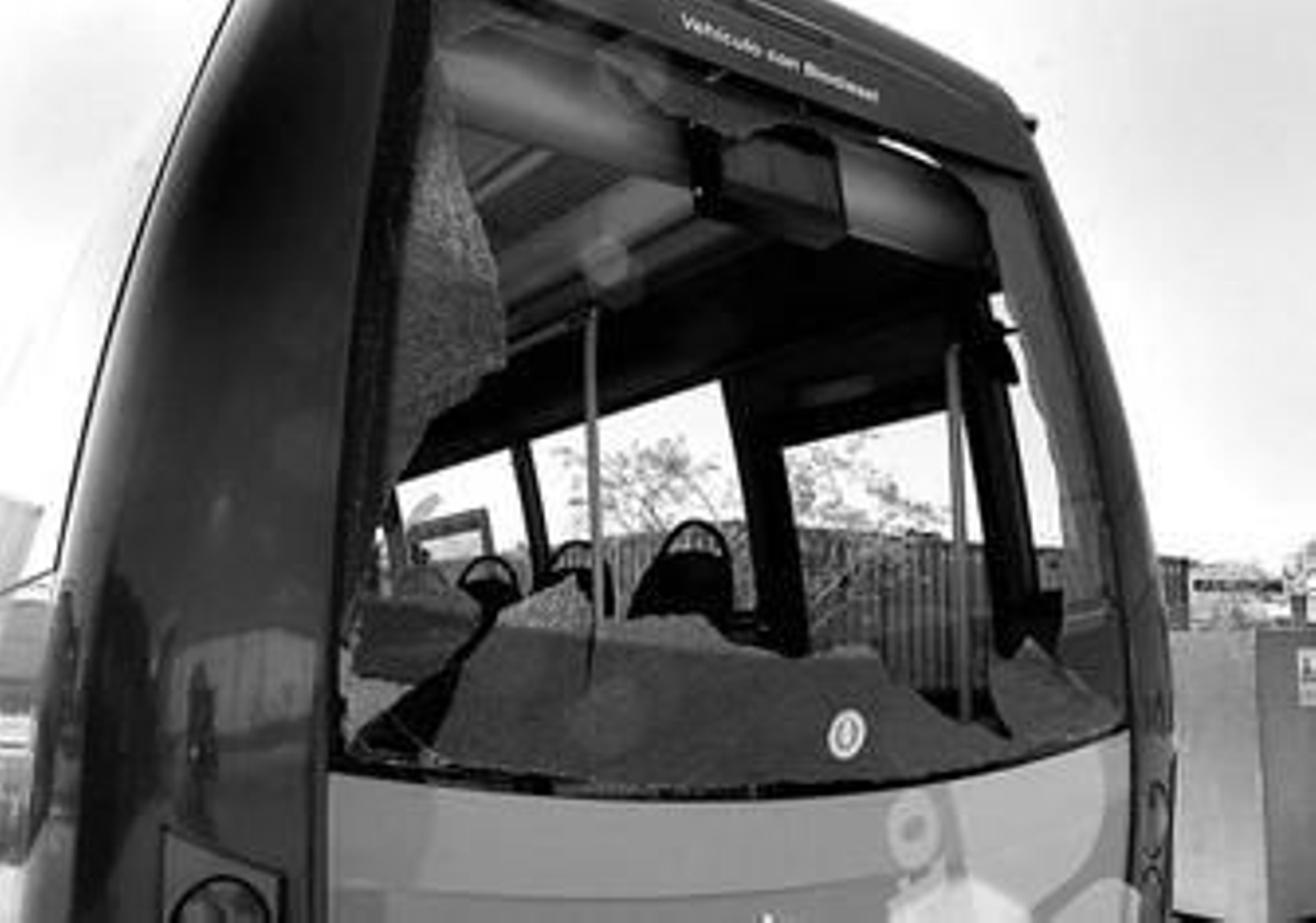 Una de las lunas traseras rota en uno de los autobuses inmovilizados en las cocheras de GDF.