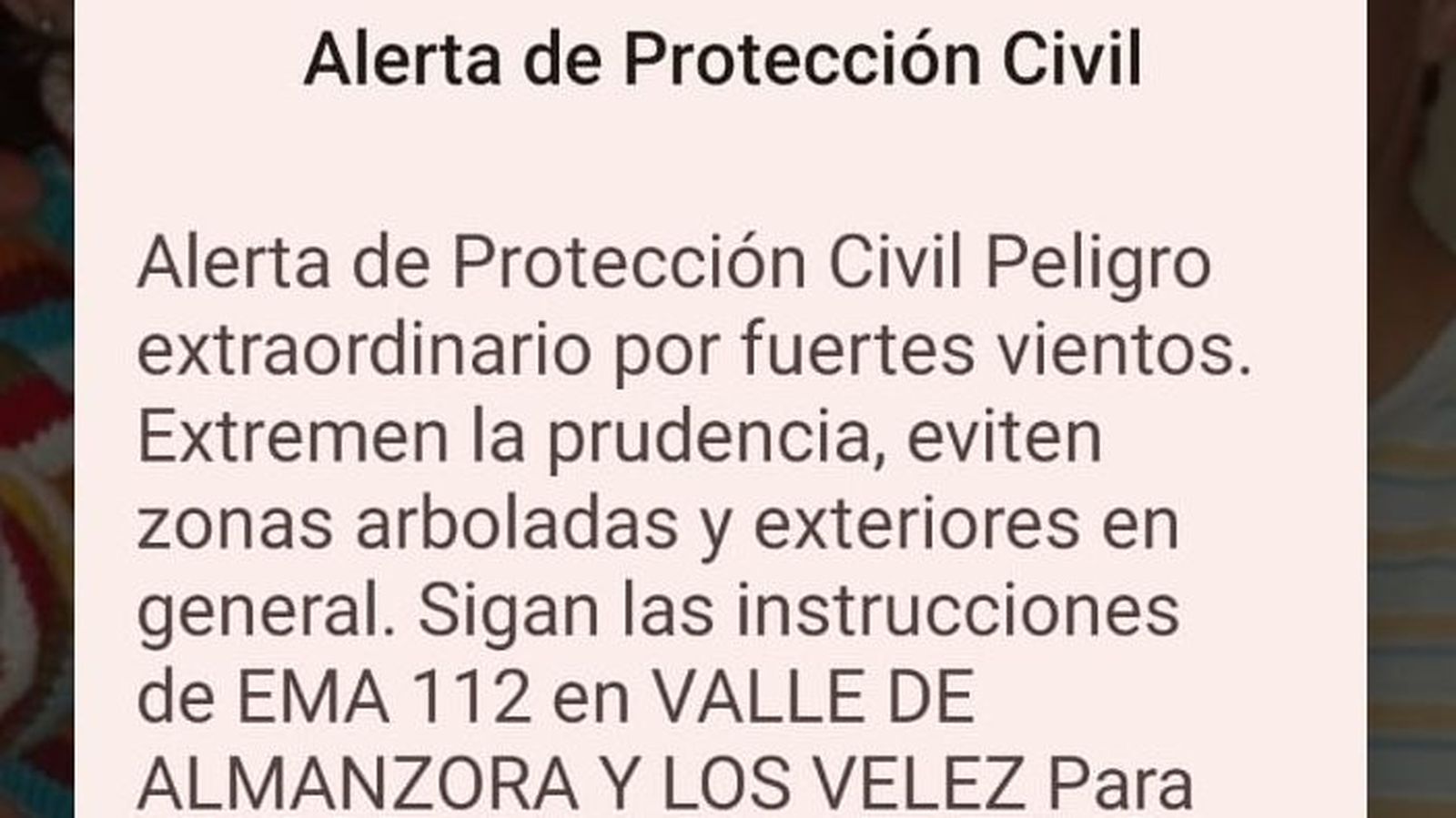 Mensaje enviado a los vecinos de los 36 municipios del Almanzora y Los Vélez.