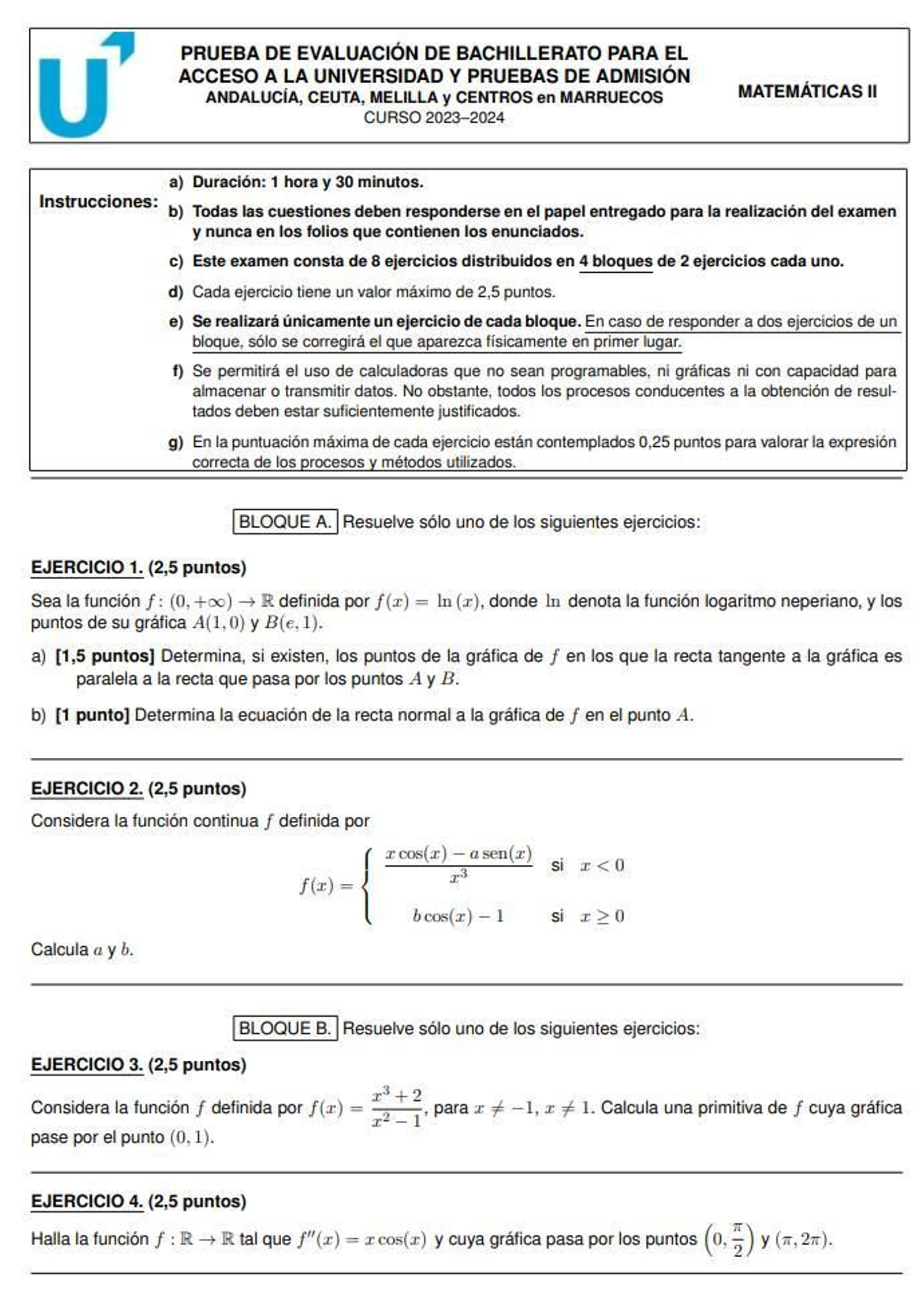 Bloques A y B del examen de Matemáticas II