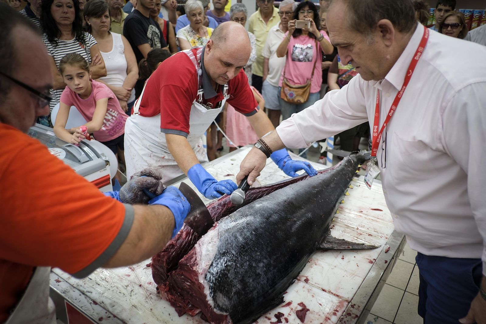 Manuel Vicente, gestor de pescaderías de DIA, introduce el micrófono en el atún para que se escuche el ronqueo.