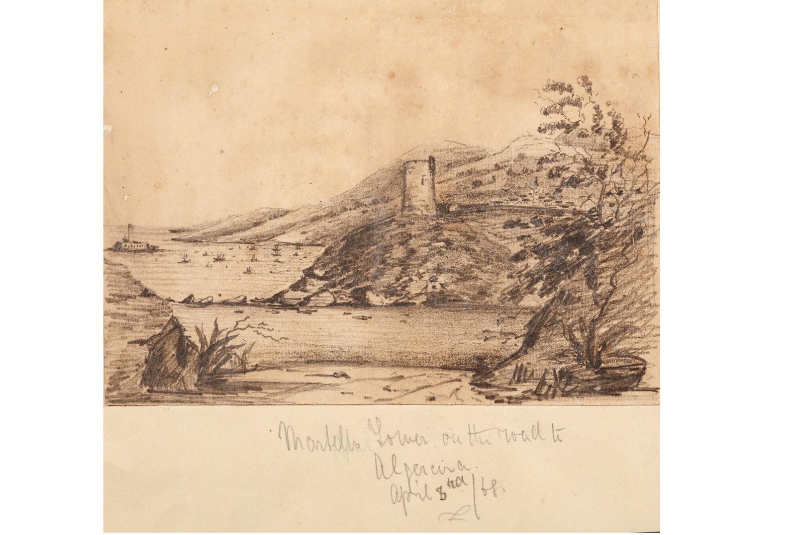 Sencillo dibujo a lápiz, grafito, sobre papel con la vista de una torre almenara, el pueblo de San Roque en la lejanía, y la bahía y fondeadero de Algeciras con las Isla Verde. De autor anónimo y fechado en 1868.