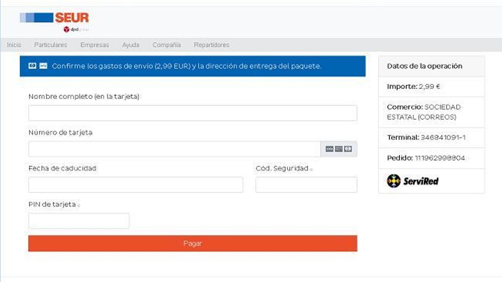 Segundo paso de la estafa por smishing en SEUR