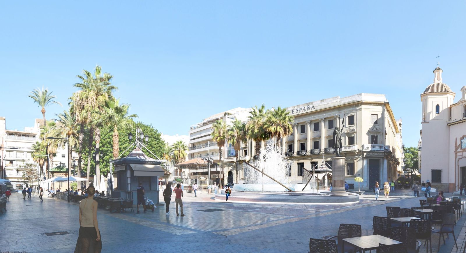 Recreación de la nueva fuente integrada en la Plaza de las Monjas, con el edificio del Banco de España y la calle Tres de Agosto al fondo.