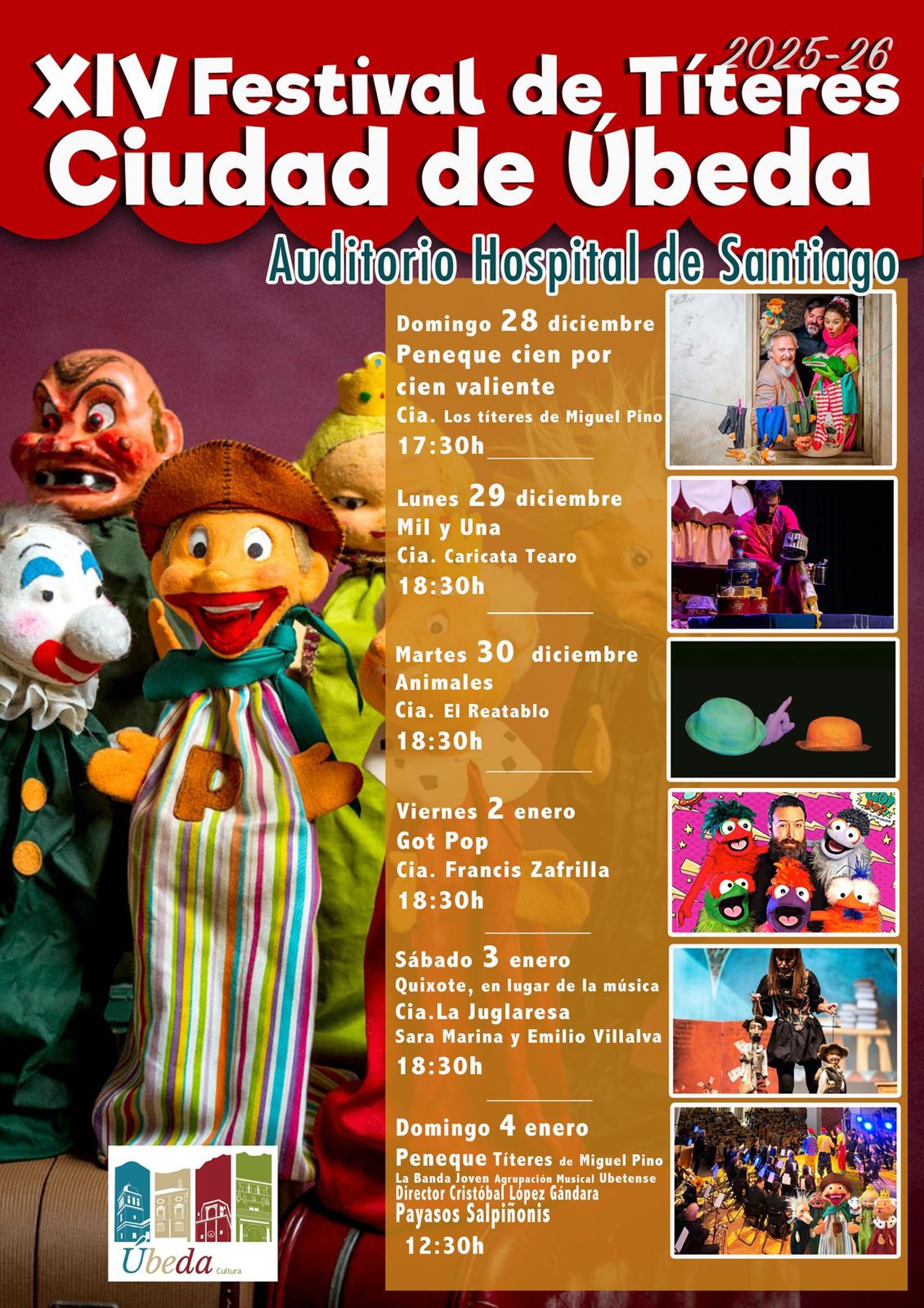 Cartel del XIV Festival de Títeres 'Ciudad de Úbeda', que se celebra del 28 de diciembre al 4 de enero en el Auditorio del Hospital de Santiago con seis funciones para todos los públicos.