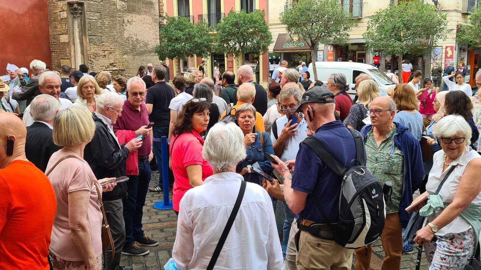 Un guía con su grupo aguarda para entrar en el Alcázar.