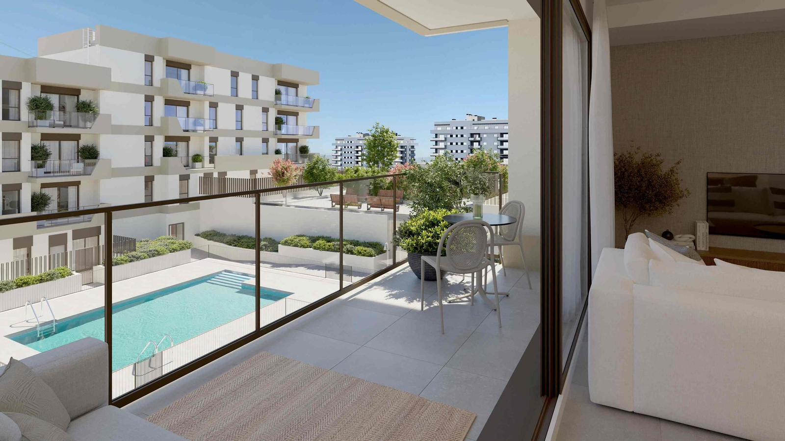 Terraza de las futuras viviendas de la promoción Zeta Place de AEDAS Homes en Distrito Zeta, Málaga.