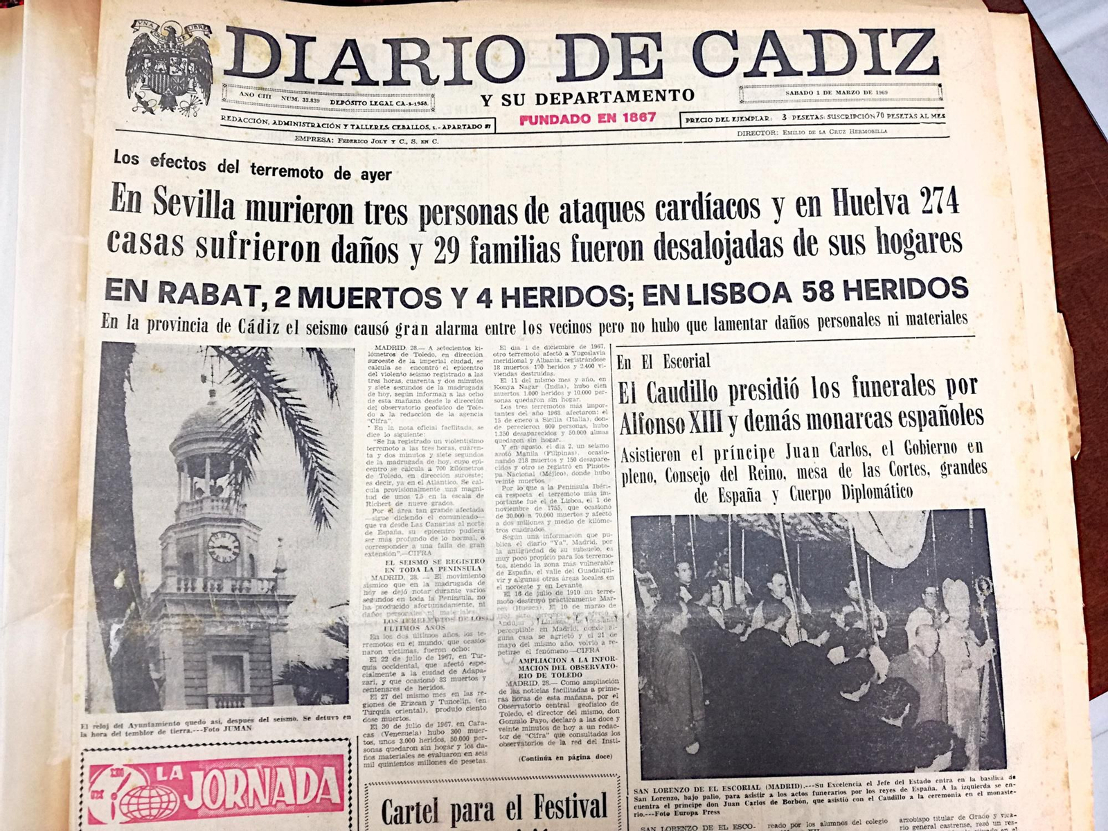 Portada del Diario del 1 de marzo de 1969, donde se informaba del terremoto y sus efectos.