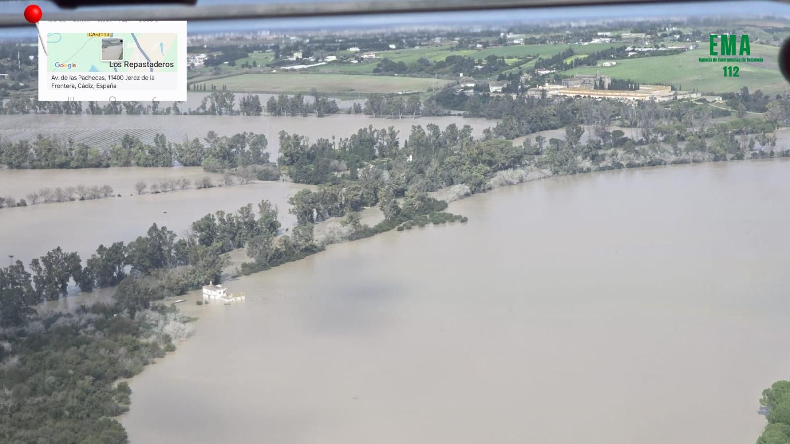 Así se ve desde el aire el desbordamiento del río Guadalete en Jerez, El Puerto, Arcos y la Sierra