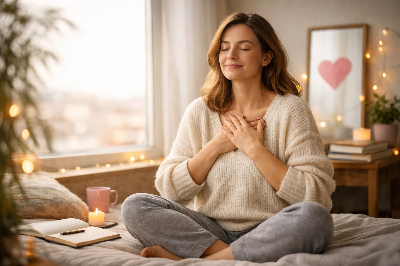 Una mujer serena con una luz cálida en su habitación.