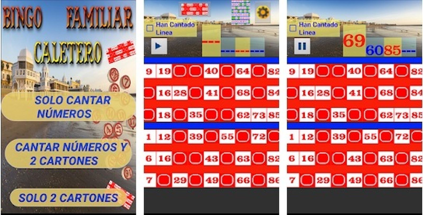 Capturas de la aplicación 'Bingo Caletero'.
