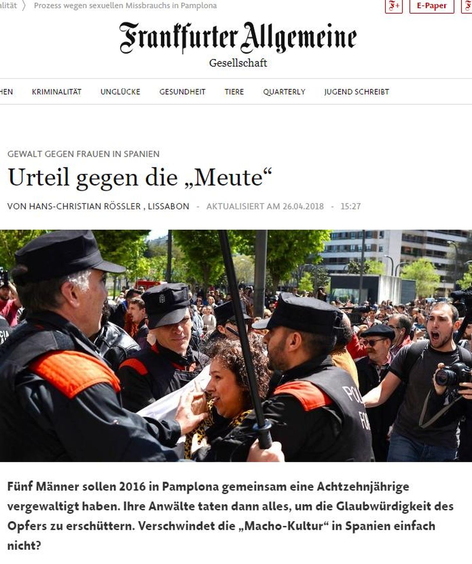 Del 'Frankfurter Allgemeine Zeitung' destaca su entradilla:  "¿En España no desaparece el machismo?"