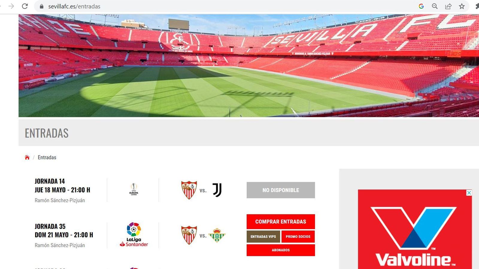 Captura de pantalla en la web del Sevilla de la venta de entradas, no disponibles ante la Juventus.