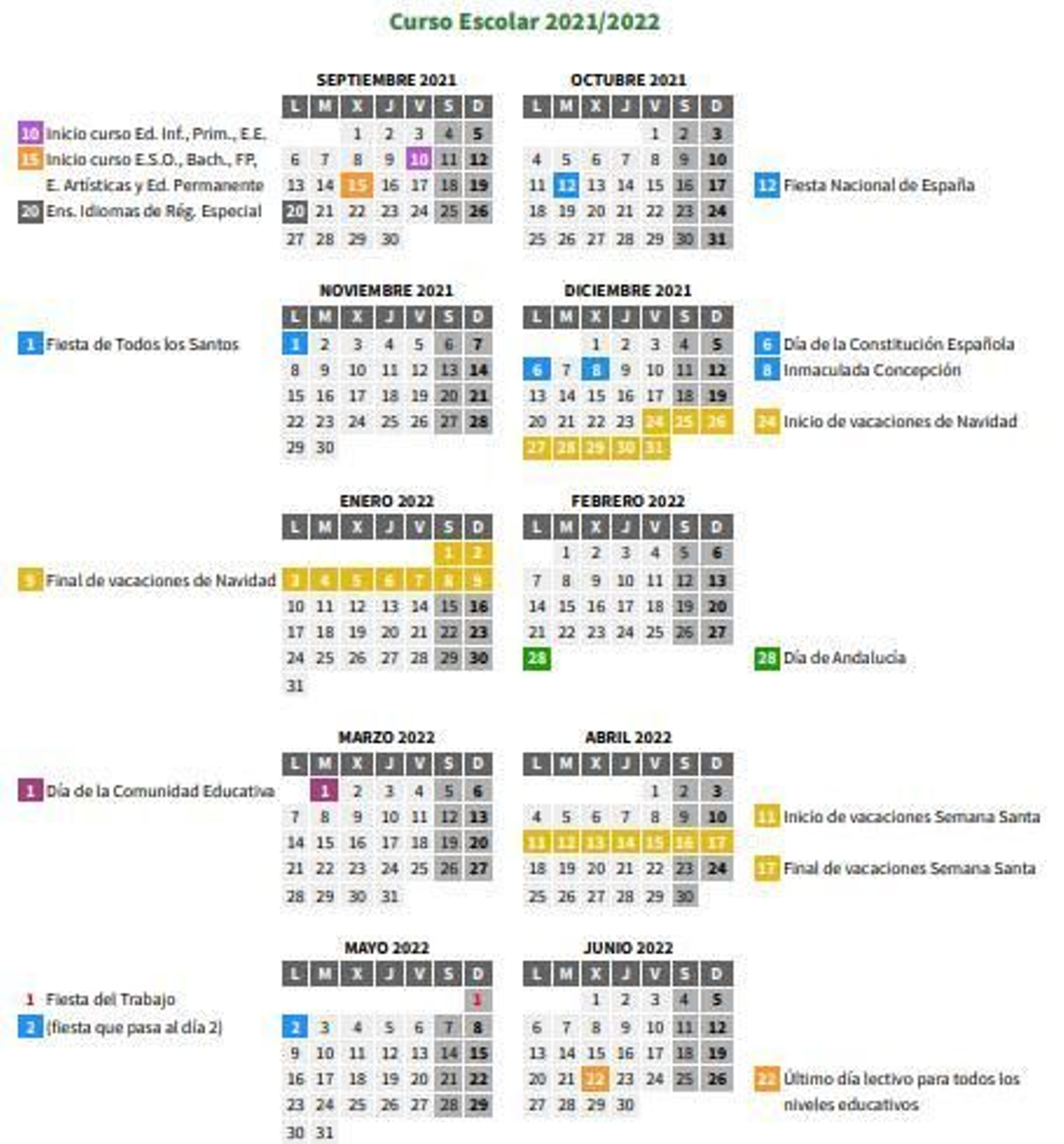 Calendarios escolar 2021/2022 en Cádiz