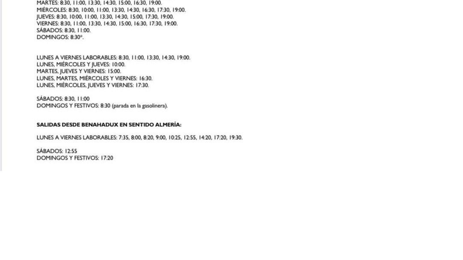 Horario de autobuses en ambos sentidos.