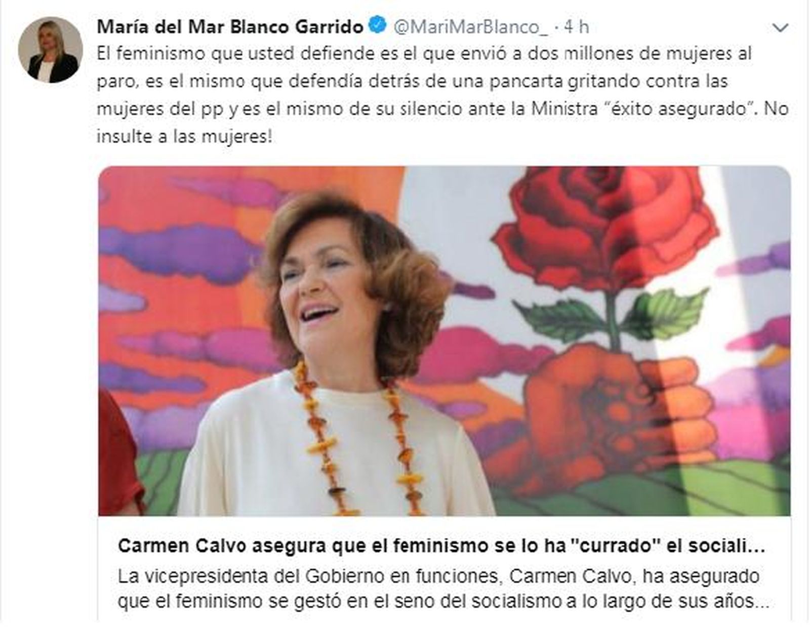 Tuit de María del Mar Blanco contra Carmen Calvo y su vinculación del feminismo con el socialismo.