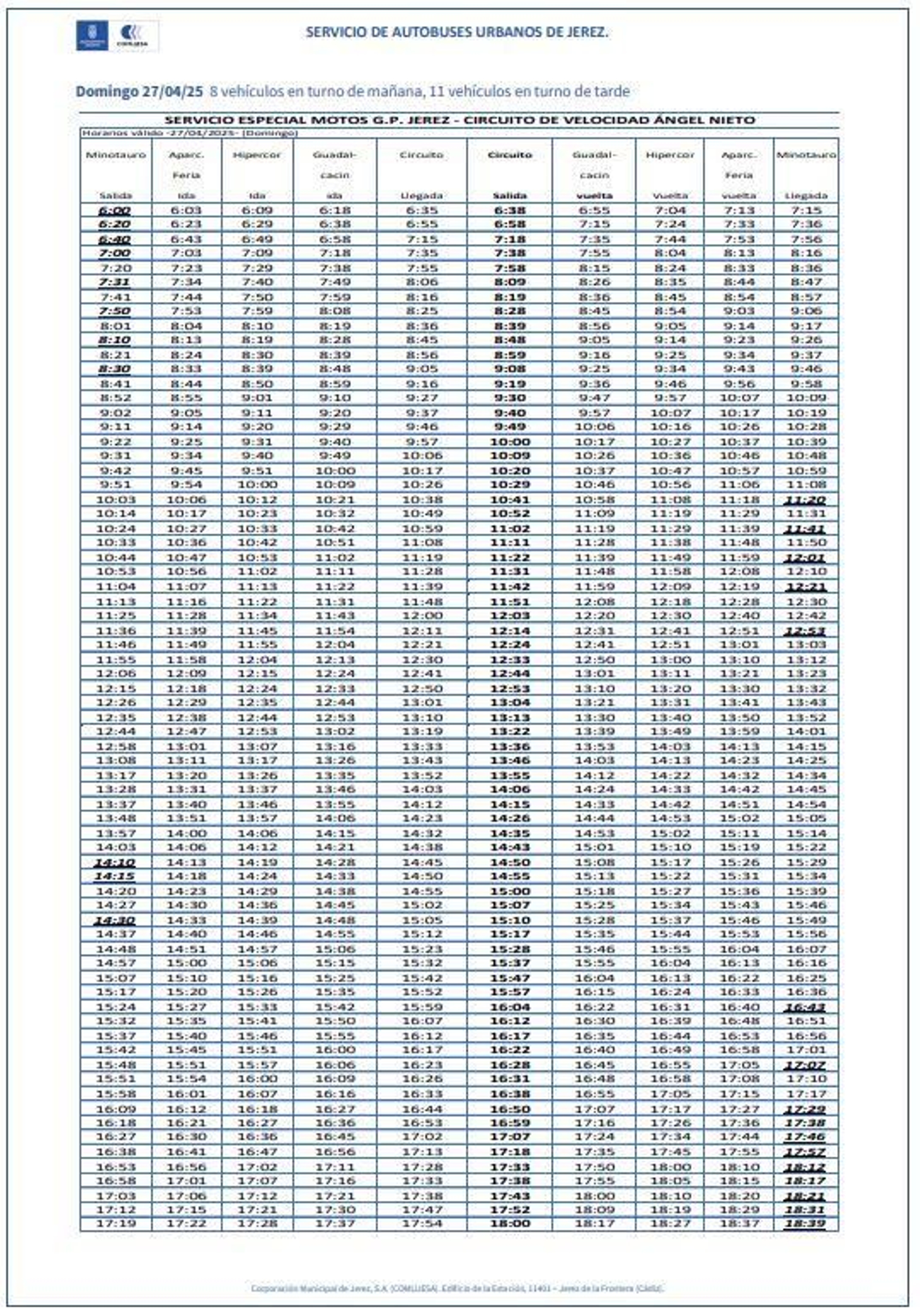 Horarios Lanzadera Circuito Horarios Lanzadera Circuito