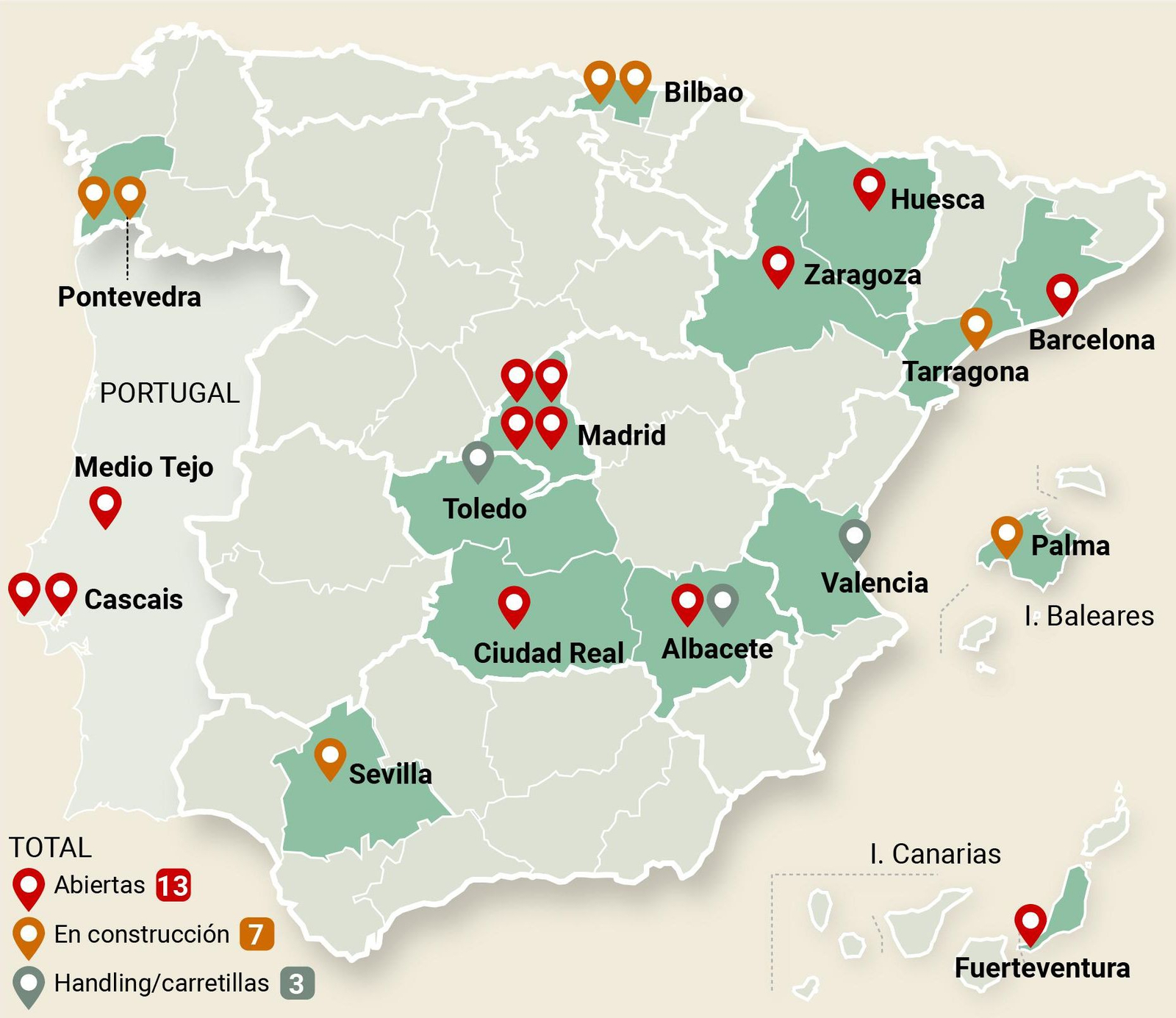 Mapa de las hidrogeneras en España. Fuente: Gasnam-Neutral Transport Mapa de las hidrogeneras en España. Fuente: Gasnam-Neutral Transport