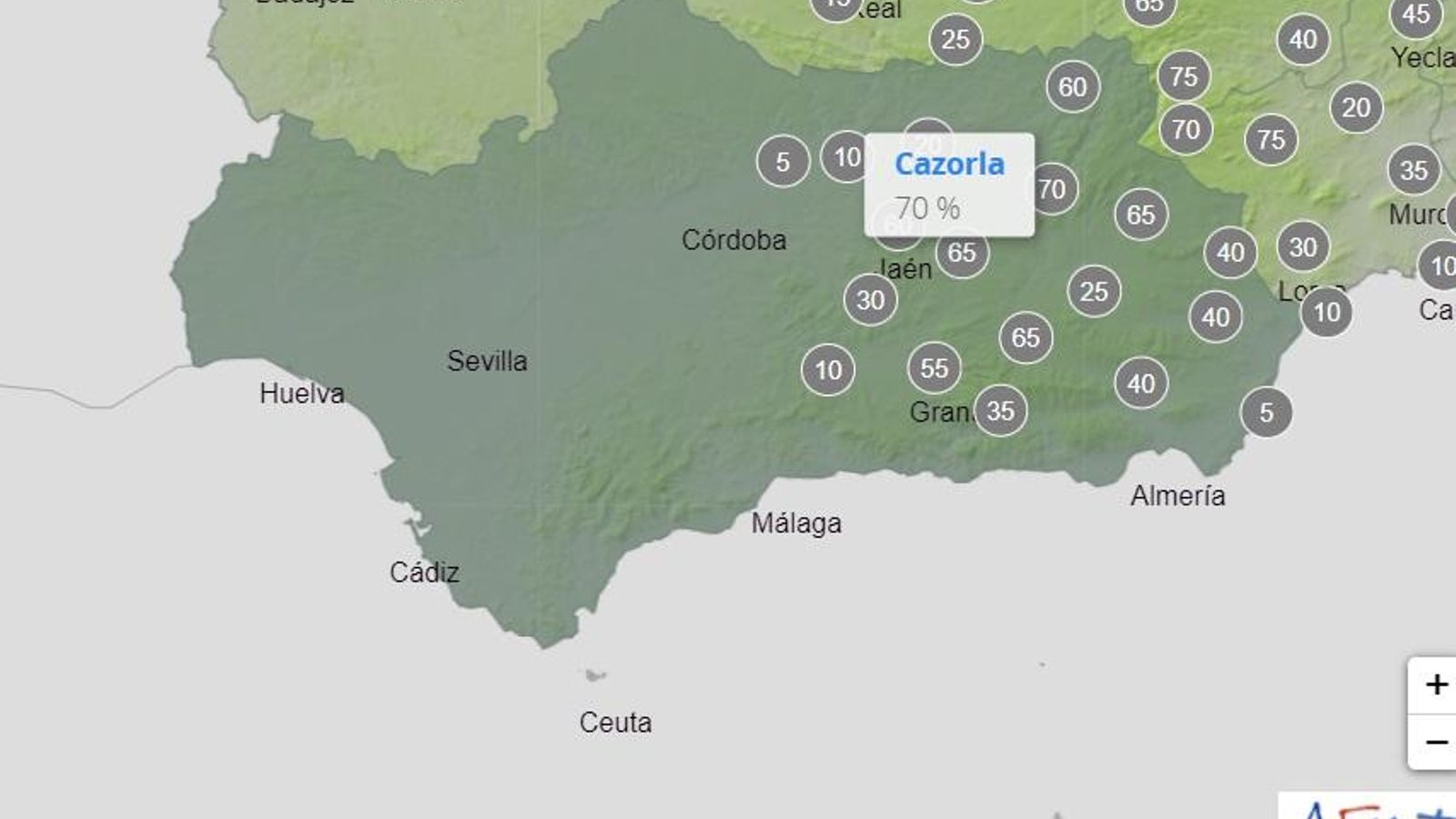 Probabilidad, en porcentaje, de tormentas en la provincia de Jaén, según la AEMET. Probabilidad, en porcentaje, de tormentas en la provincia de Jaén, según la AEMET.