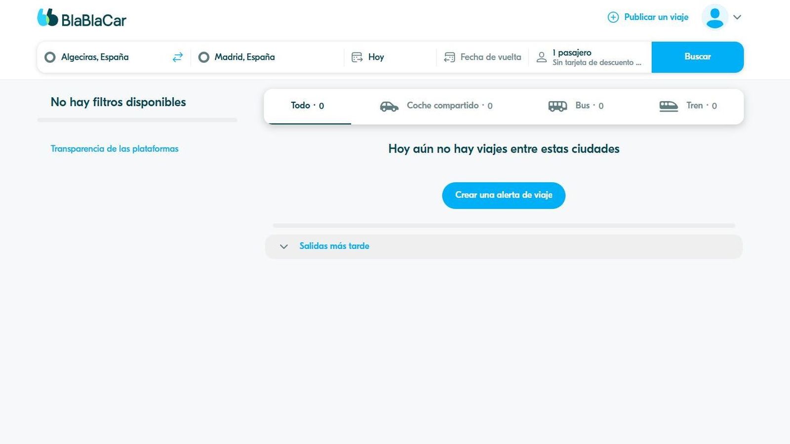 La web de Blablacar, este lunes sin viajes de Algeciras a Madrid.