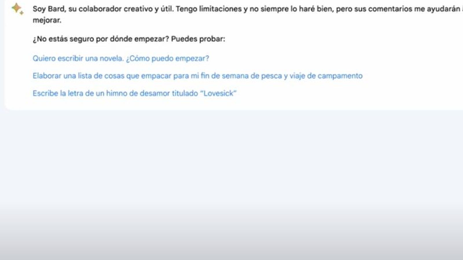 Mensaje inicial de Google Bard