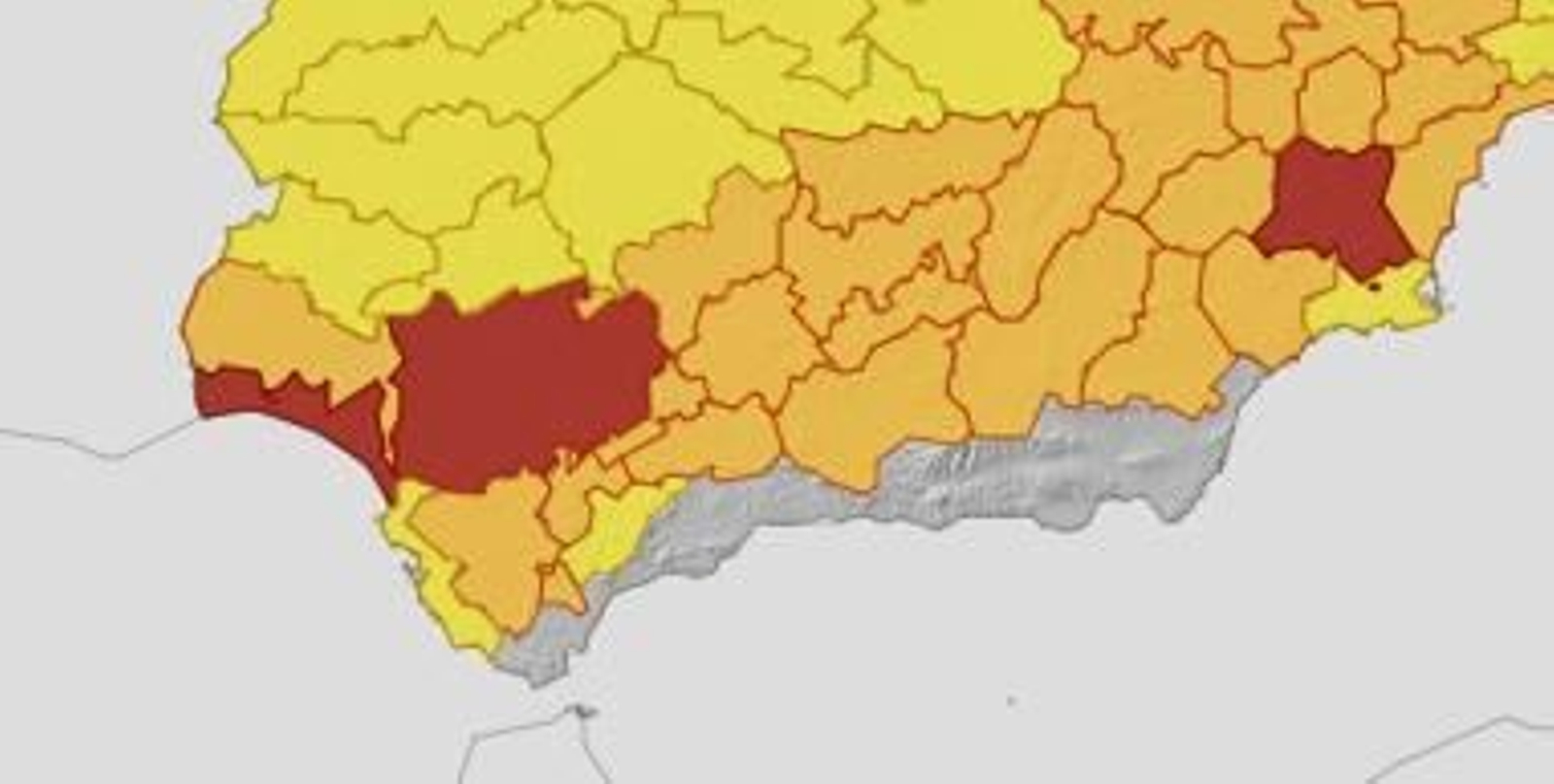 Mapa de avisos en Andalucía este lunes.