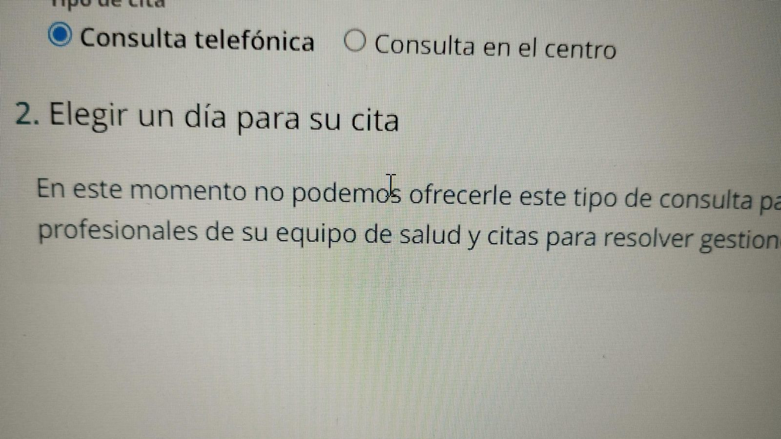 Mensaje a la misma usuaria al intentar obtener cita telefónica. Mensaje a la misma usuaria al intentar obtener cita telefónica.