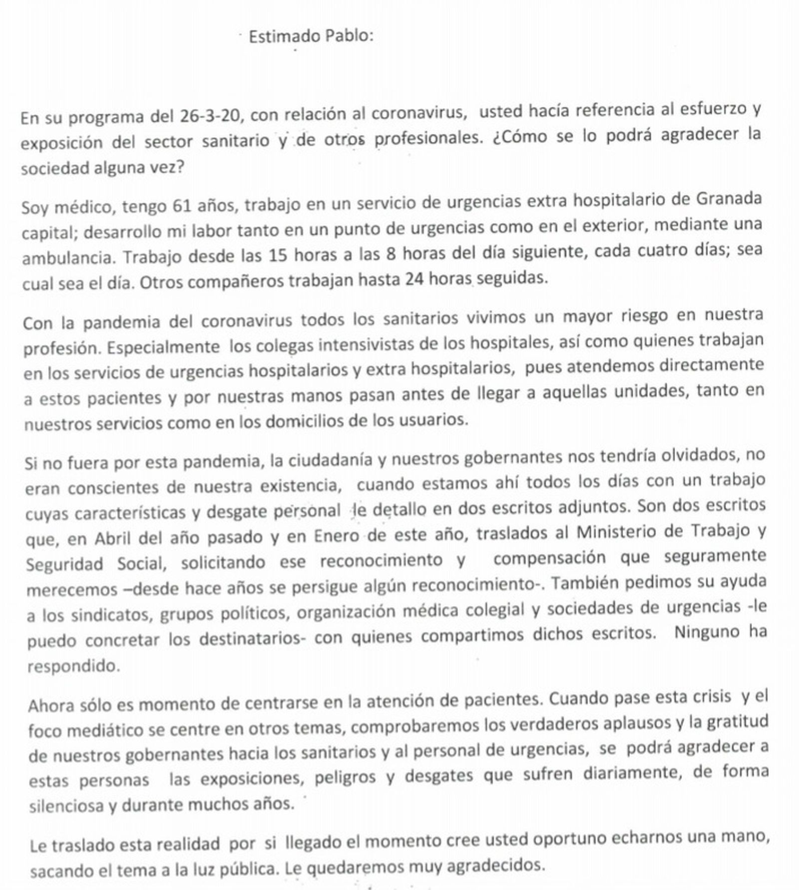 La carta enviada por el médico granadino a Pablo Motos.