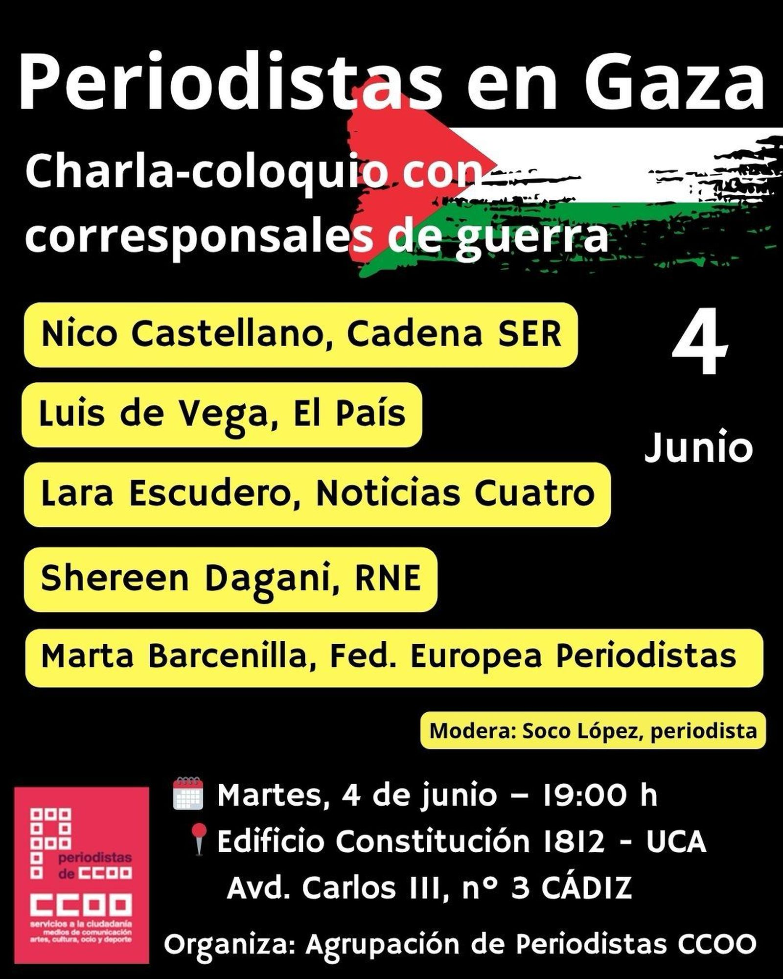 Cartel sobre la charla coloquio de corresponsales de guerra en Gaza.