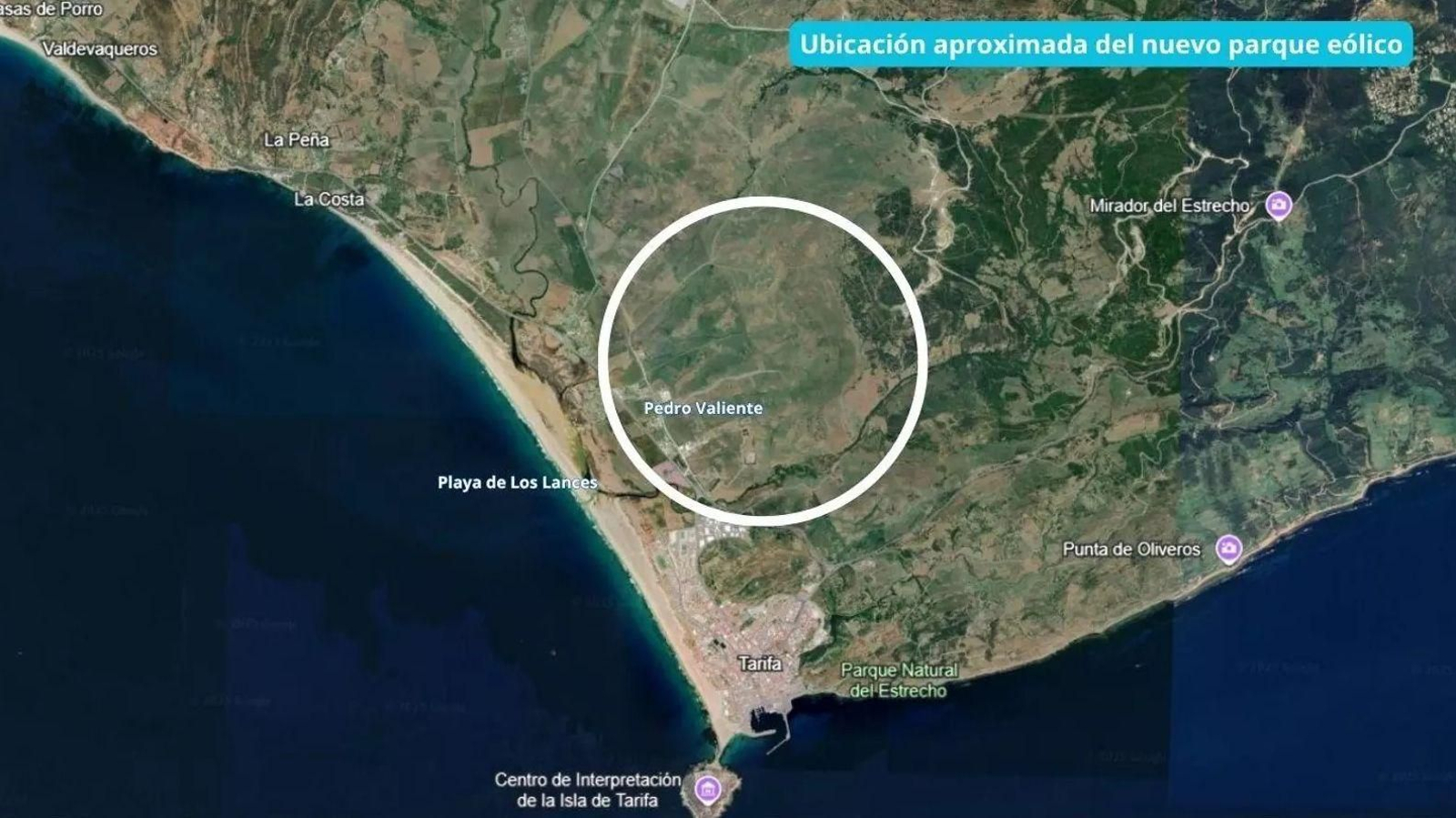 Ubicación aproximada del nuevo parque eólico en Tarifa.
